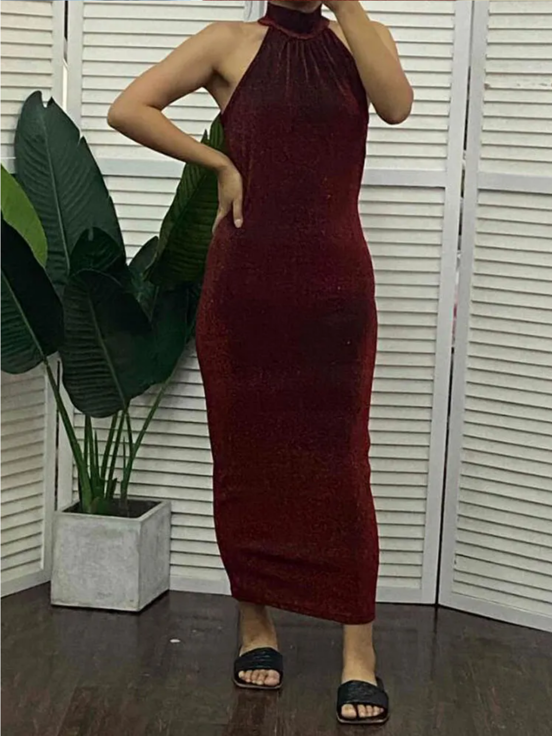 Women High Neck Sleeveless Glitter Bodycon Dress