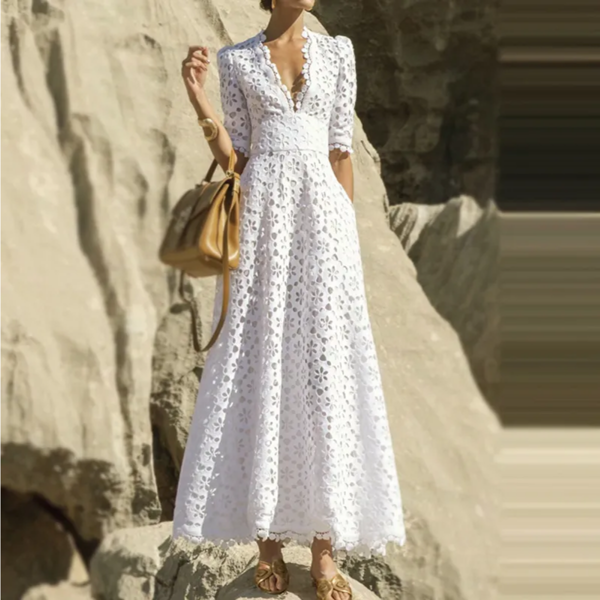 V Neck Half Sleeve High Waist Hollow Out Slim White Maxi Dresses