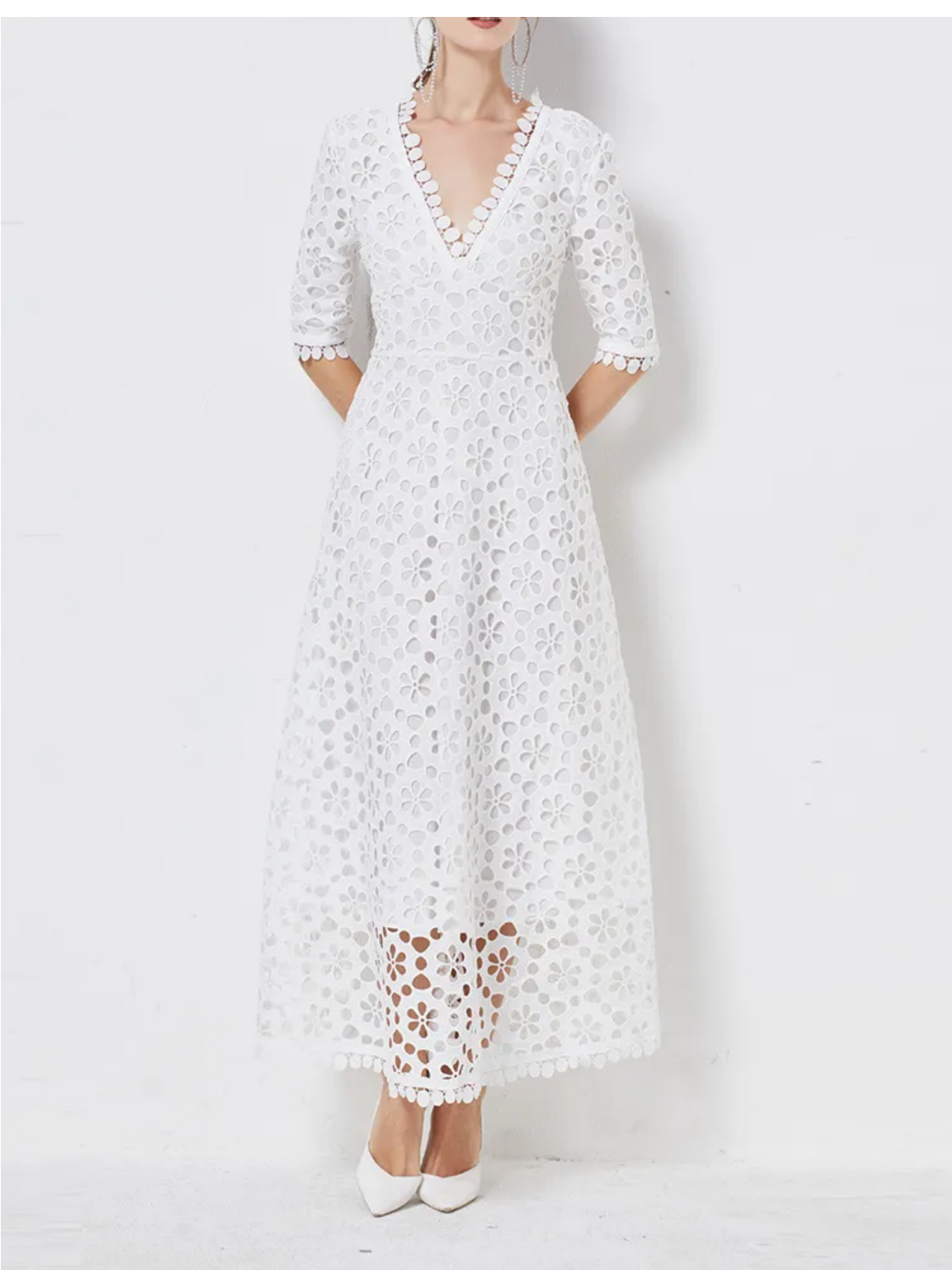 V Neck Half Sleeve High Waist Hollow Out Slim White Maxi Dresses