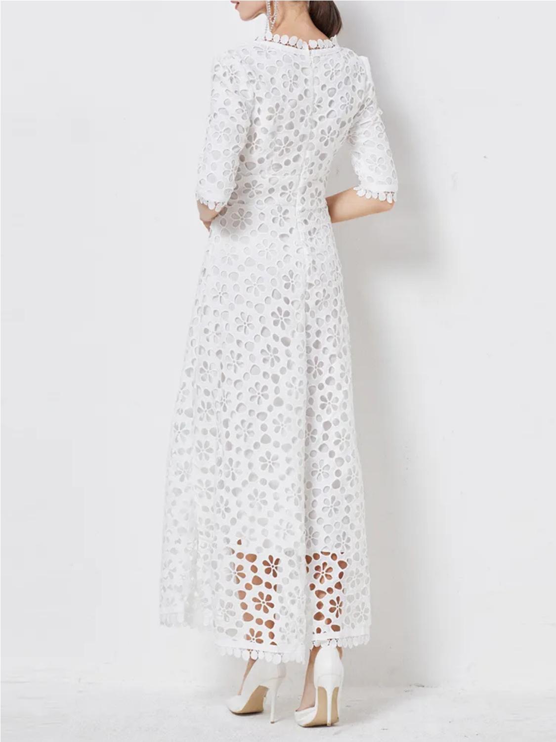 V Neck Half Sleeve High Waist Hollow Out Slim White Maxi Dresses