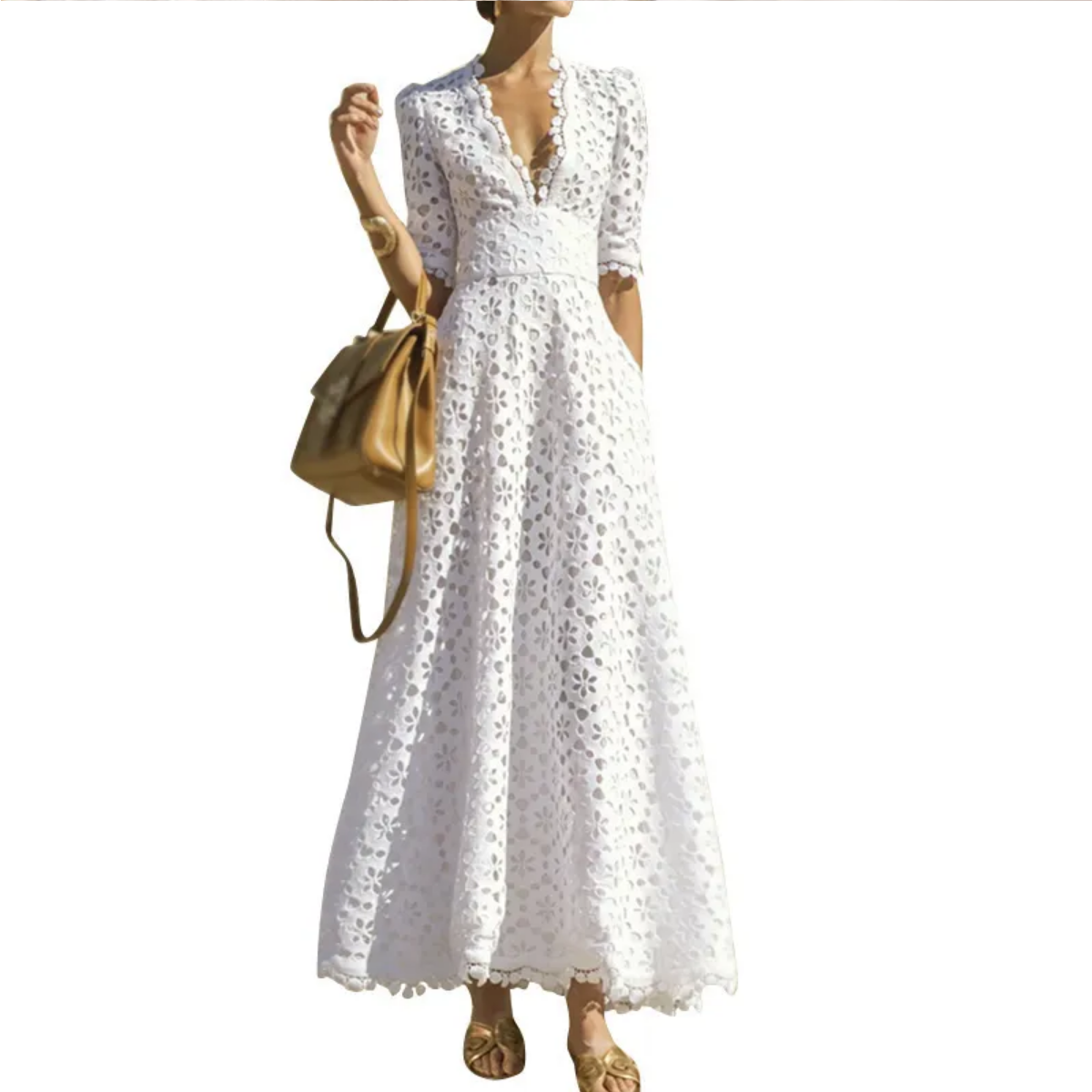 V Neck Half Sleeve High Waist Hollow Out Slim White Maxi Dresses