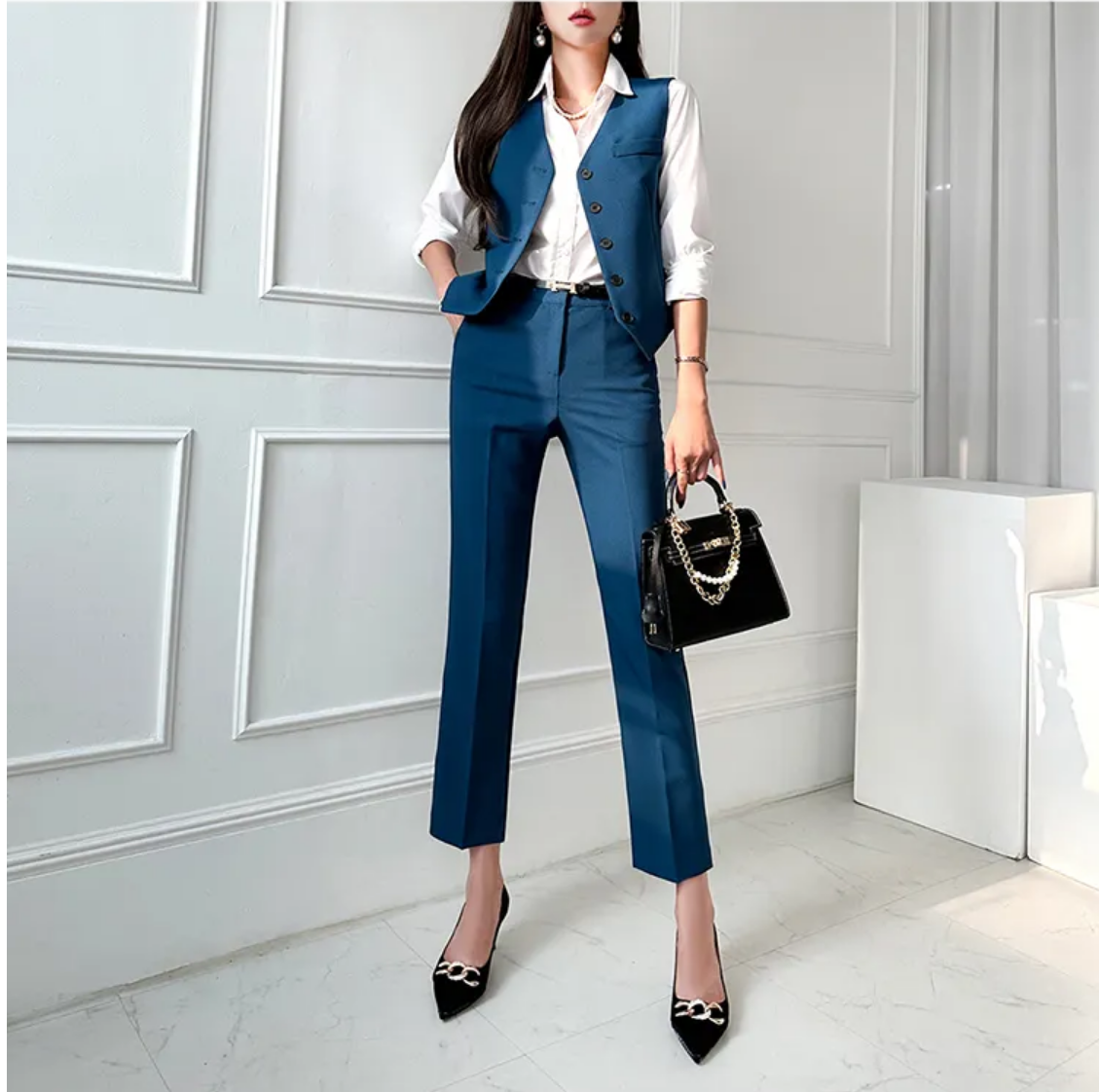 Fashion Korean  3 Pcs Elegant Long Sleeve Suit Jackets Vest and Straight Pants Suit