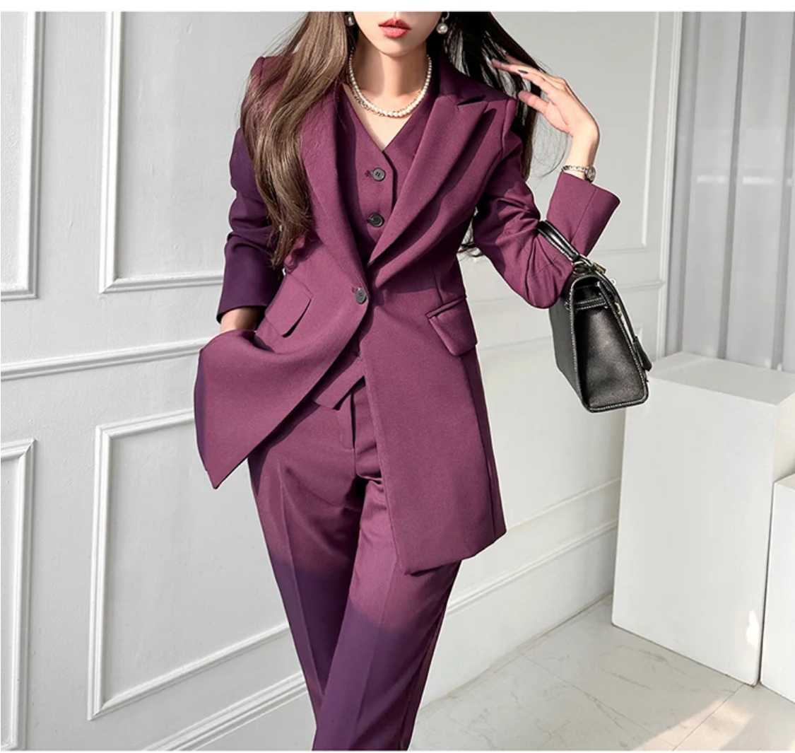 Fashion Korean  3 Pcs Elegant Long Sleeve Suit Jackets Vest and Straight Pants Suit
