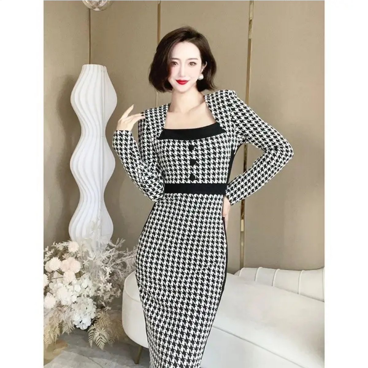Vintage Fashion Loose Square Collar Casual Buttons Patchwork Dress