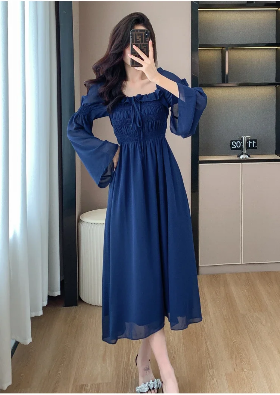 Blue Elegant Autumn New Flare Long Sleeve Pleated Bandage Backless Dresses