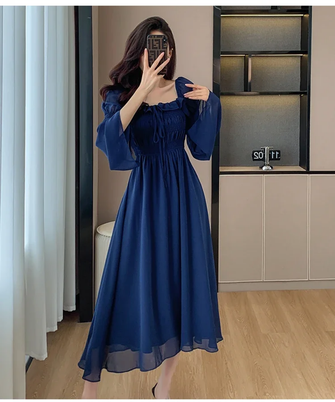 Blue Elegant Autumn New Flare Long Sleeve Pleated Bandage Backless Dresses