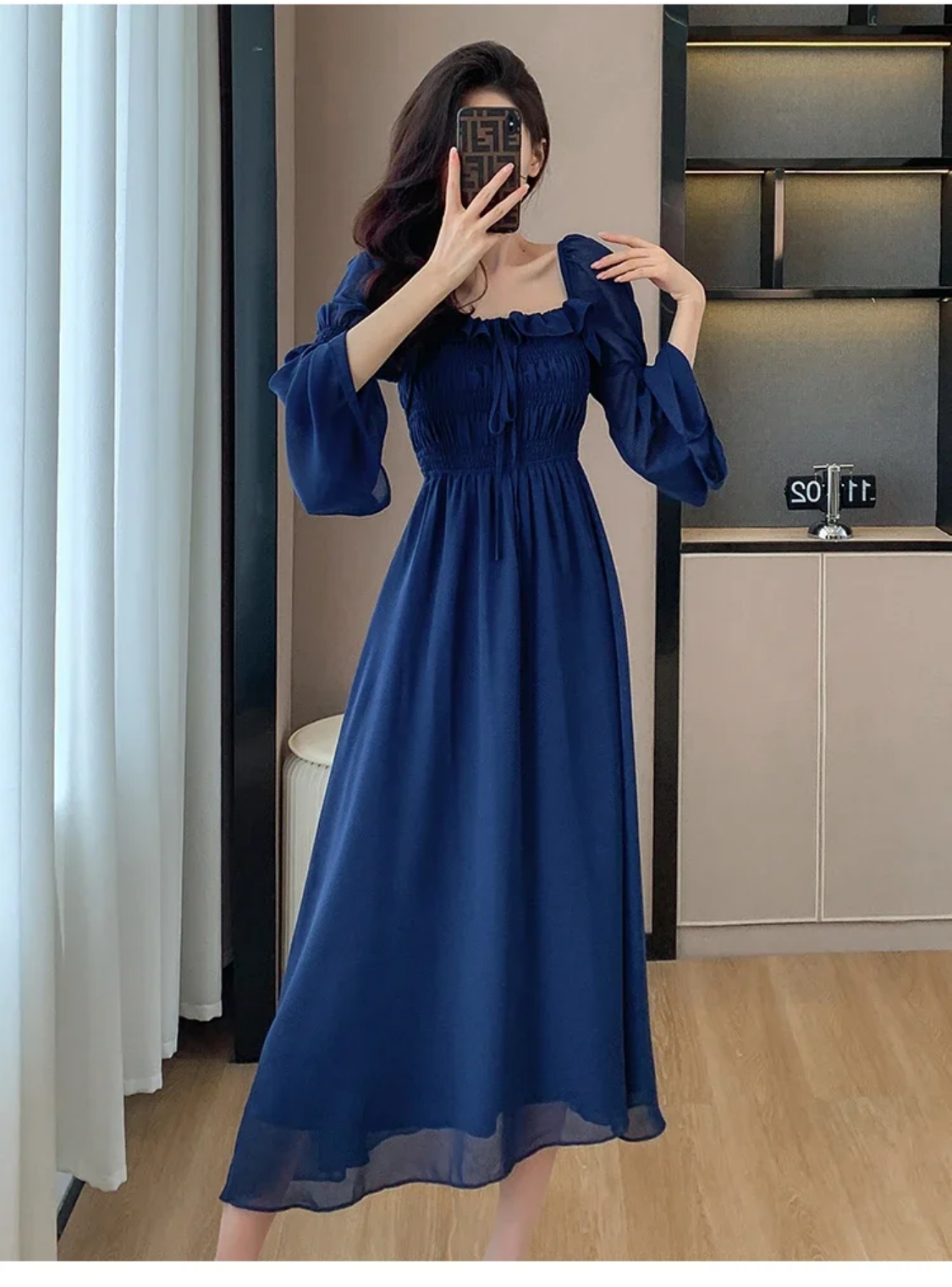 Blue Elegant Autumn New Flare Long Sleeve Pleated Bandage Backless Dresses