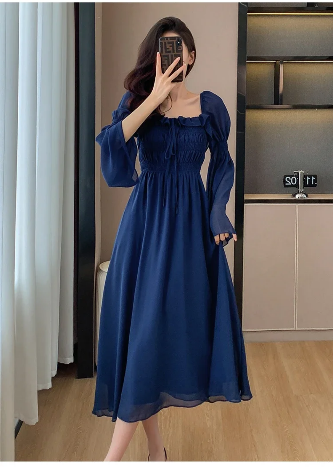 Blue Elegant Autumn New Flare Long Sleeve Pleated Bandage Backless Dresses