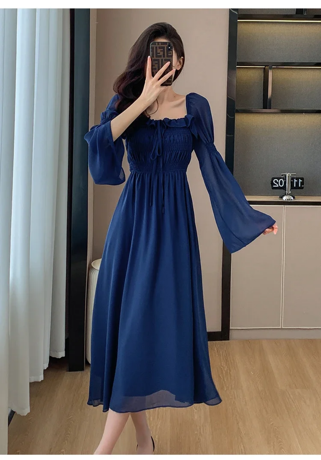 Blue Elegant Autumn New Flare Long Sleeve Pleated Bandage Backless Dresses