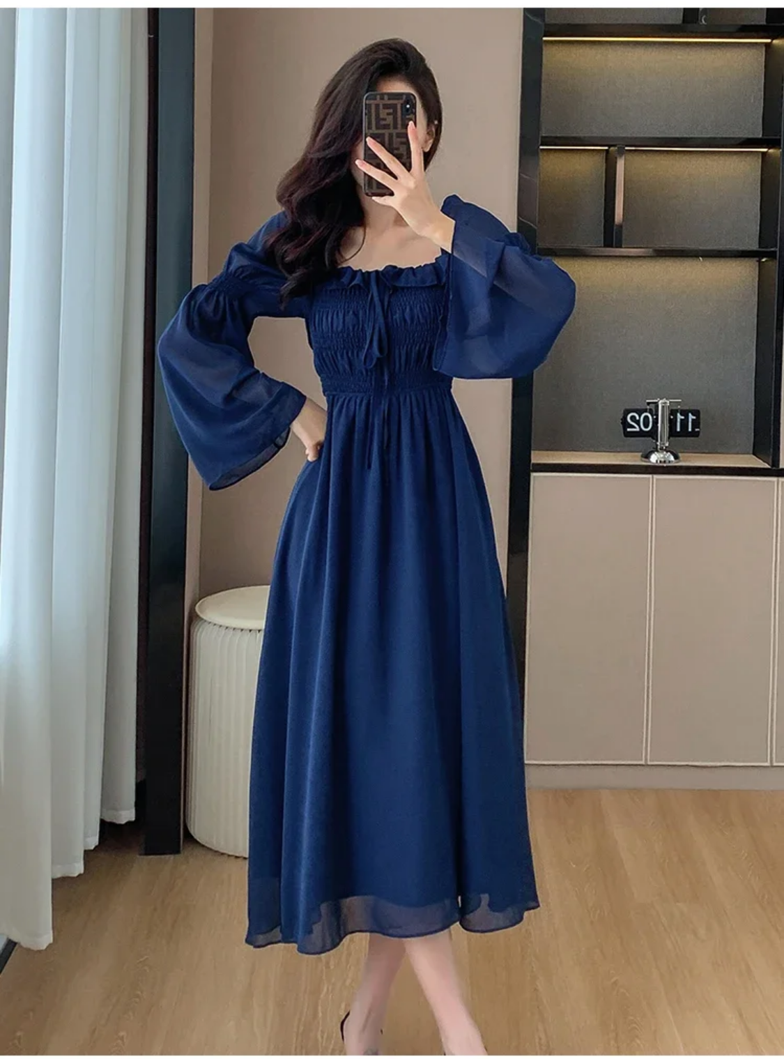 Blue Elegant Autumn New Flare Long Sleeve Pleated Bandage Backless Dresses