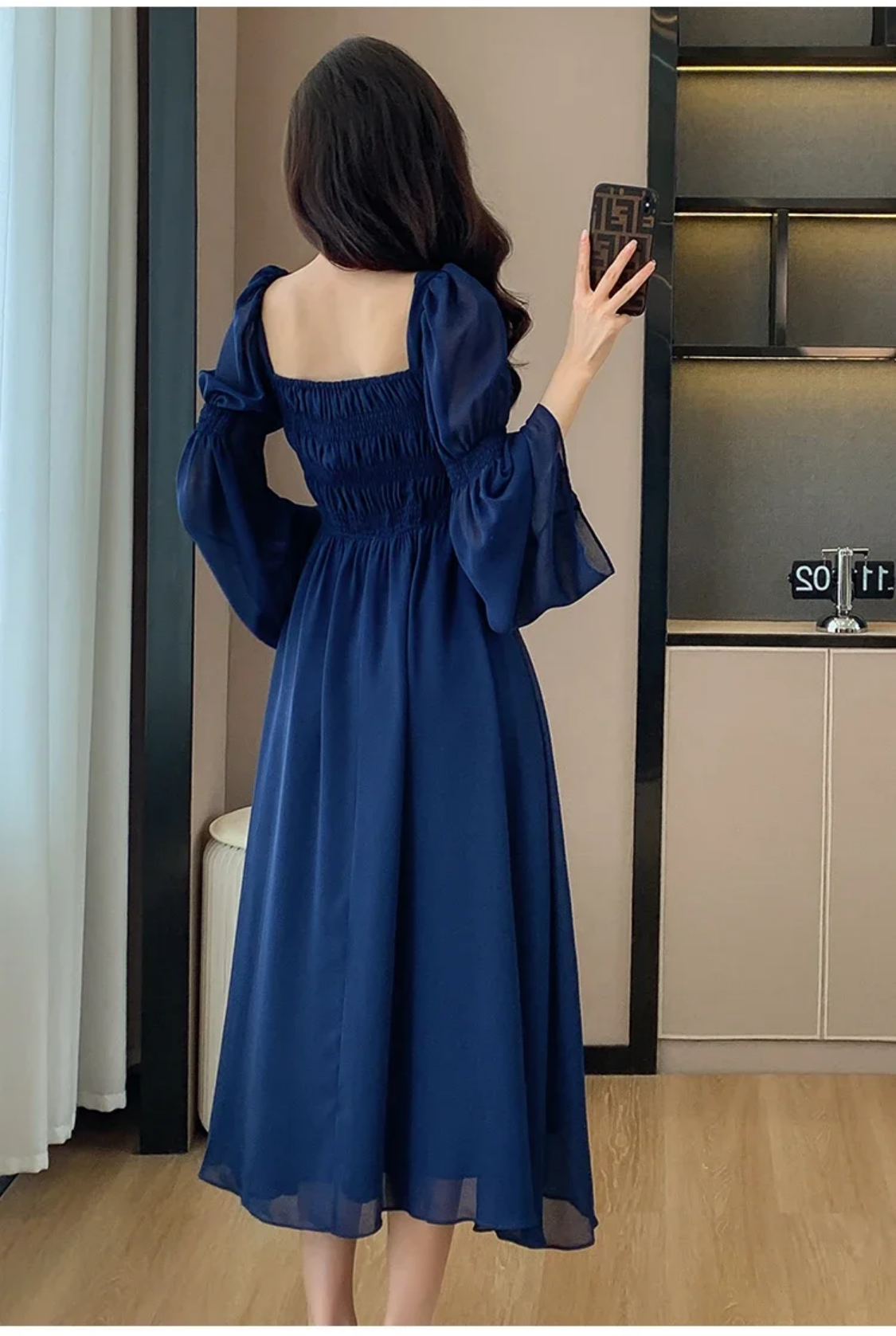 Blue Elegant Autumn New Flare Long Sleeve Pleated Bandage Backless Dresses