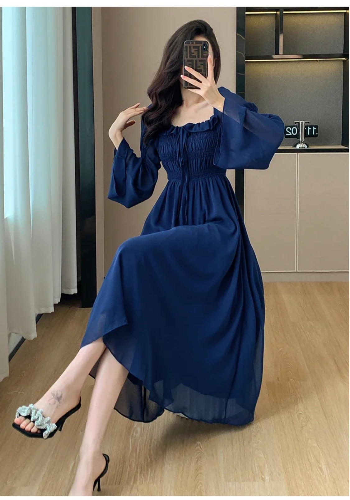 Blue Elegant Autumn New Flare Long Sleeve Pleated Bandage Backless Dresses