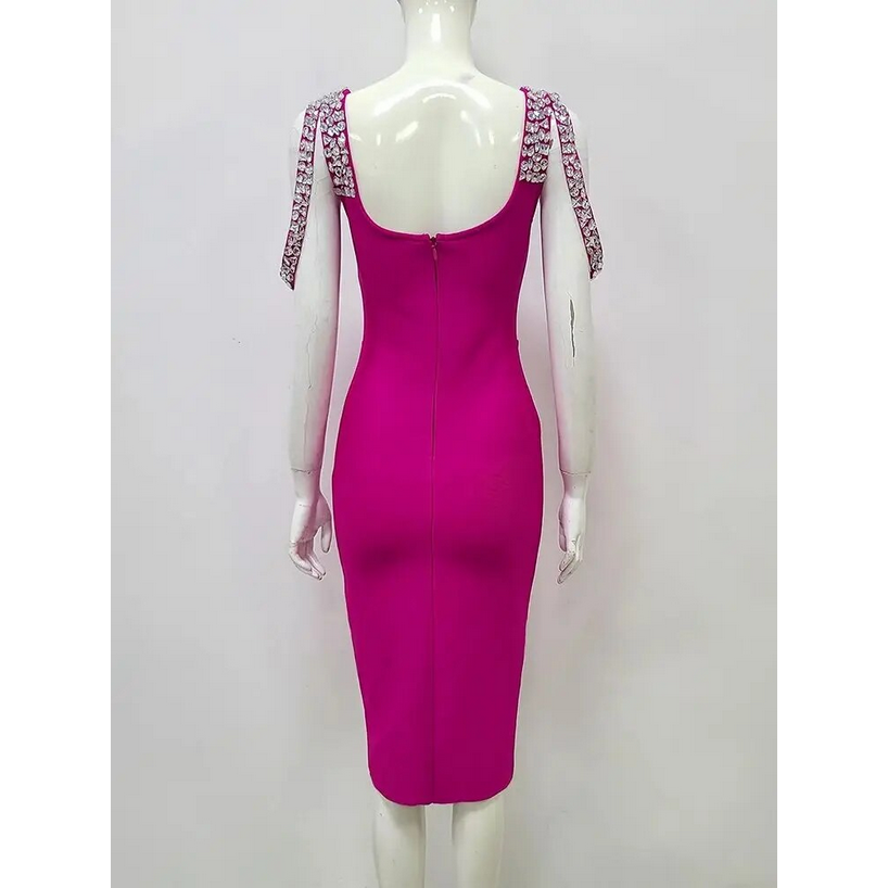 2023 New Summer  High Quality Sexy Sleeveless Diamond Tight Midi Bandage Dress