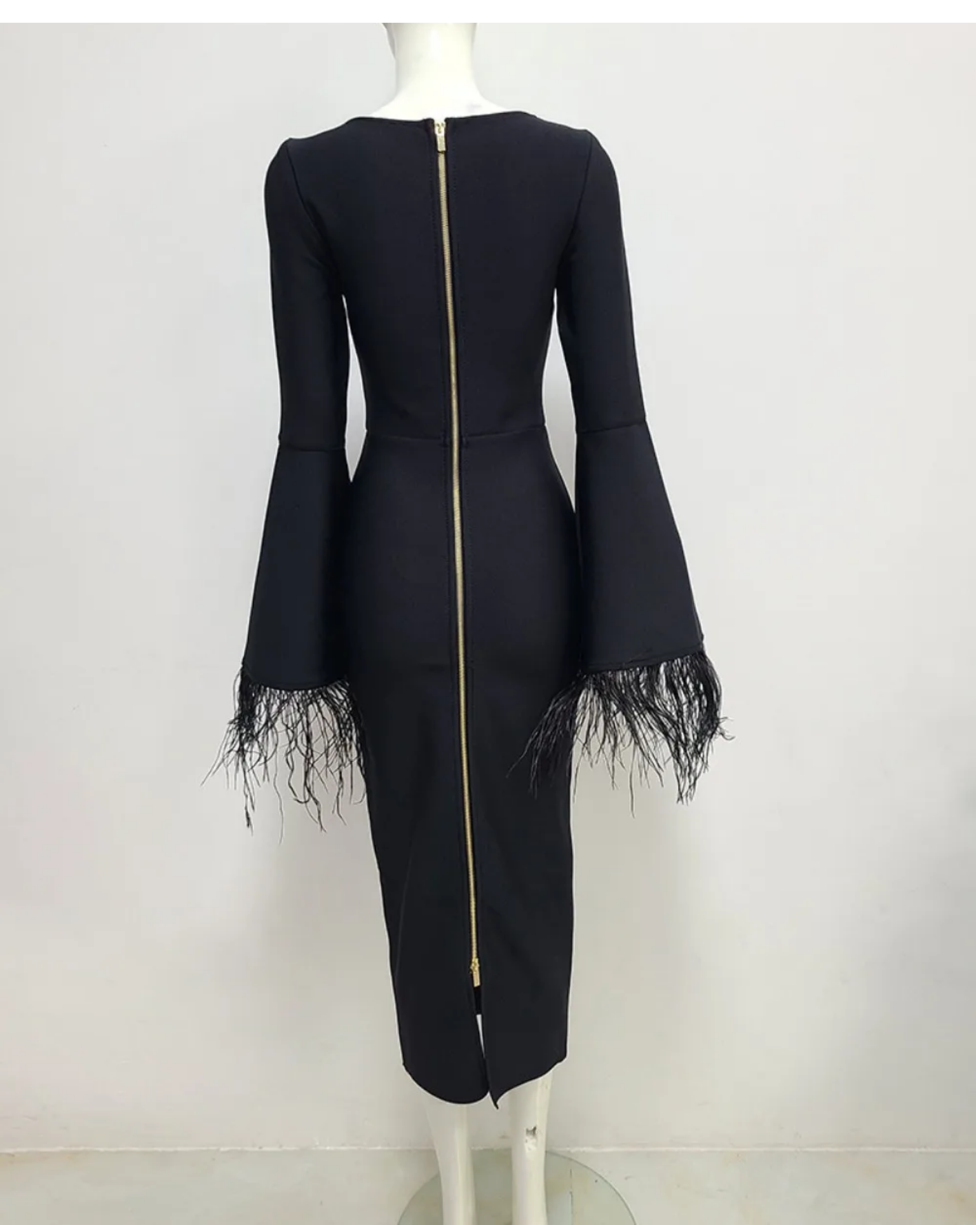 2023 Sexy Black Feathers Flare Sleeve Bodycon Bandage Dress