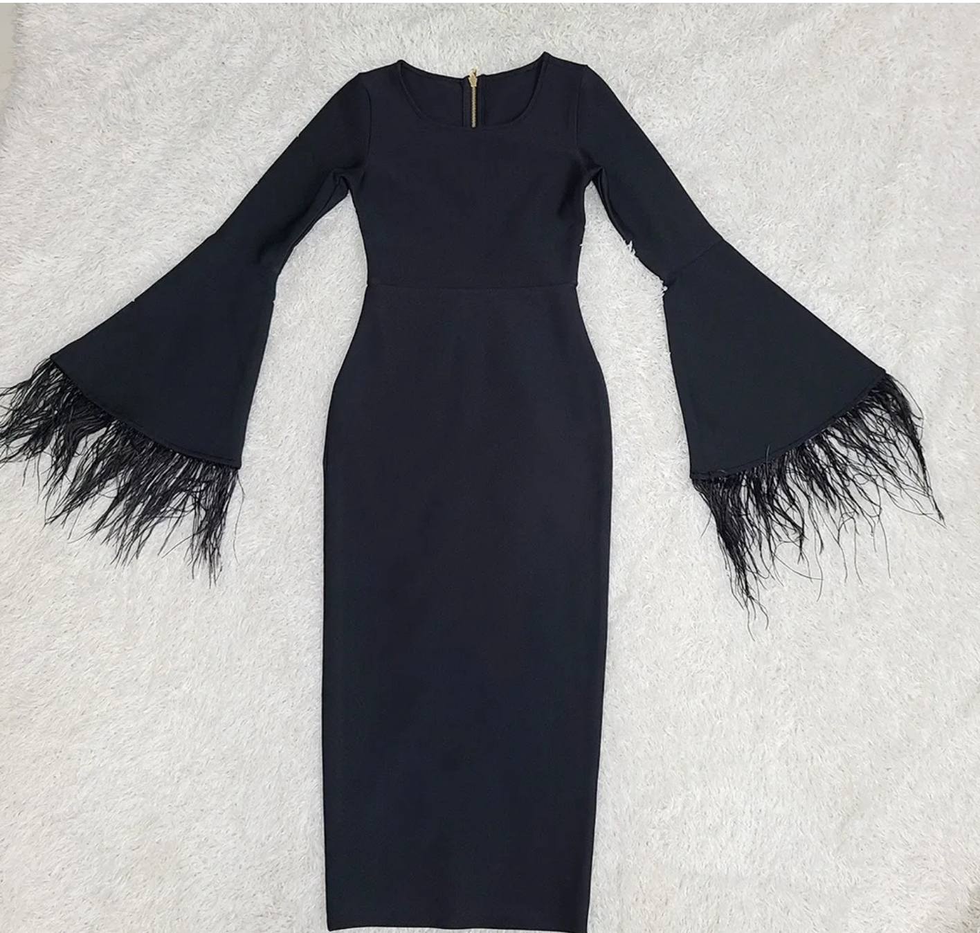 2023 Sexy Black Feathers Flare Sleeve Bodycon Bandage Dress