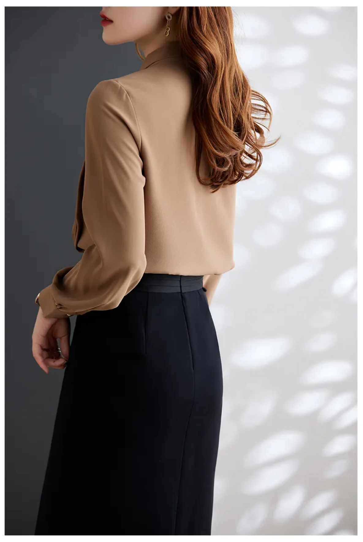 Pleated Long Sleeve Bow Tie Neck Pearl Buttons Anti wrinkle  Blouses