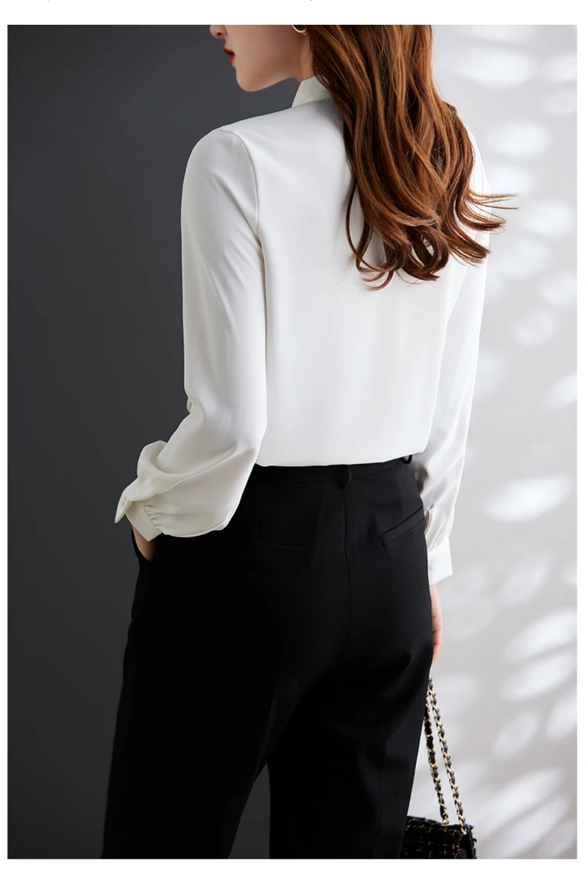 Pleated Long Sleeve Bow Tie Neck Pearl Buttons Anti wrinkle  Blouses