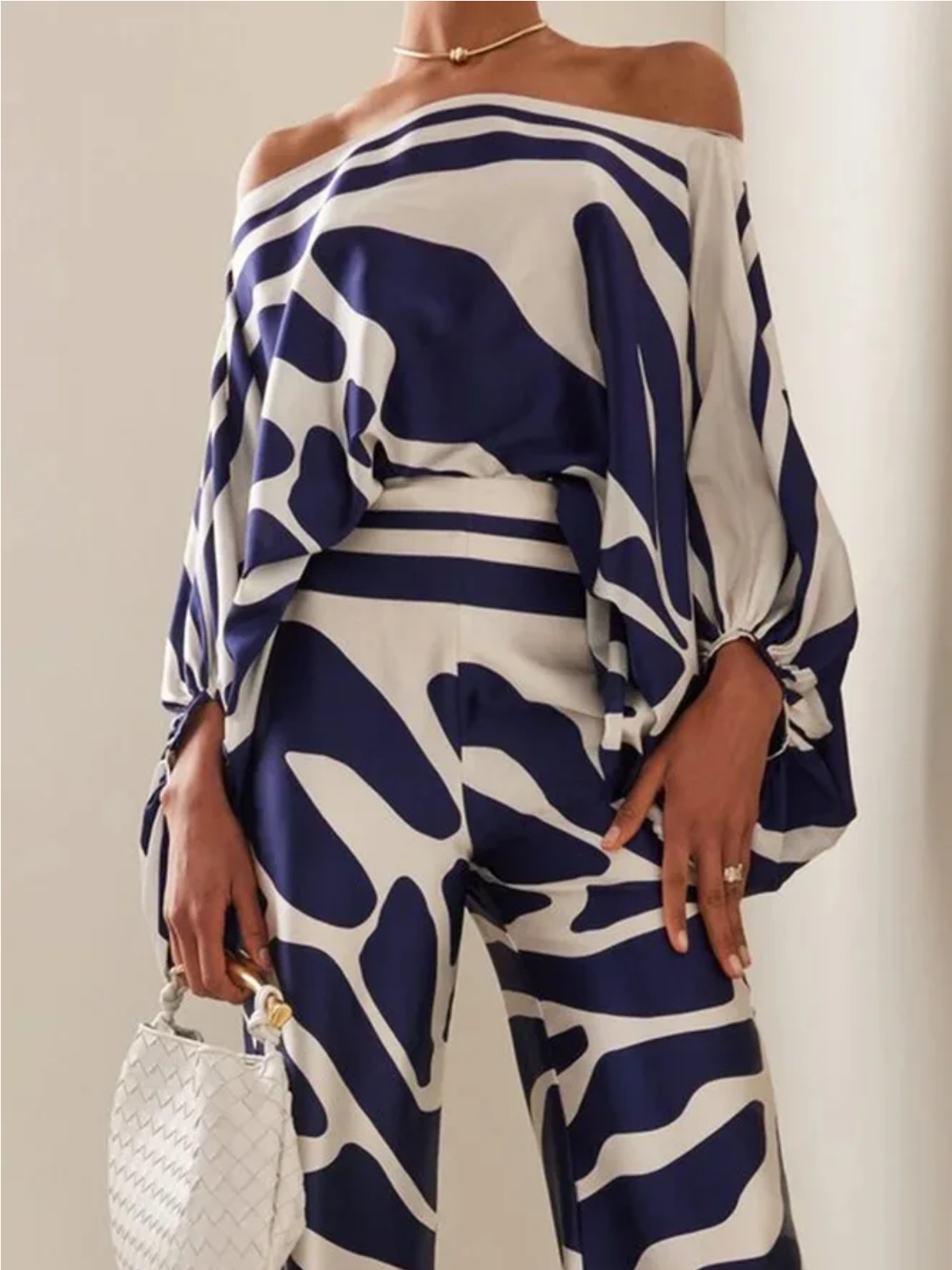 Print Satin Lantern Sleeve Off Shoulder  Casual Wide Leg Pants Outfit