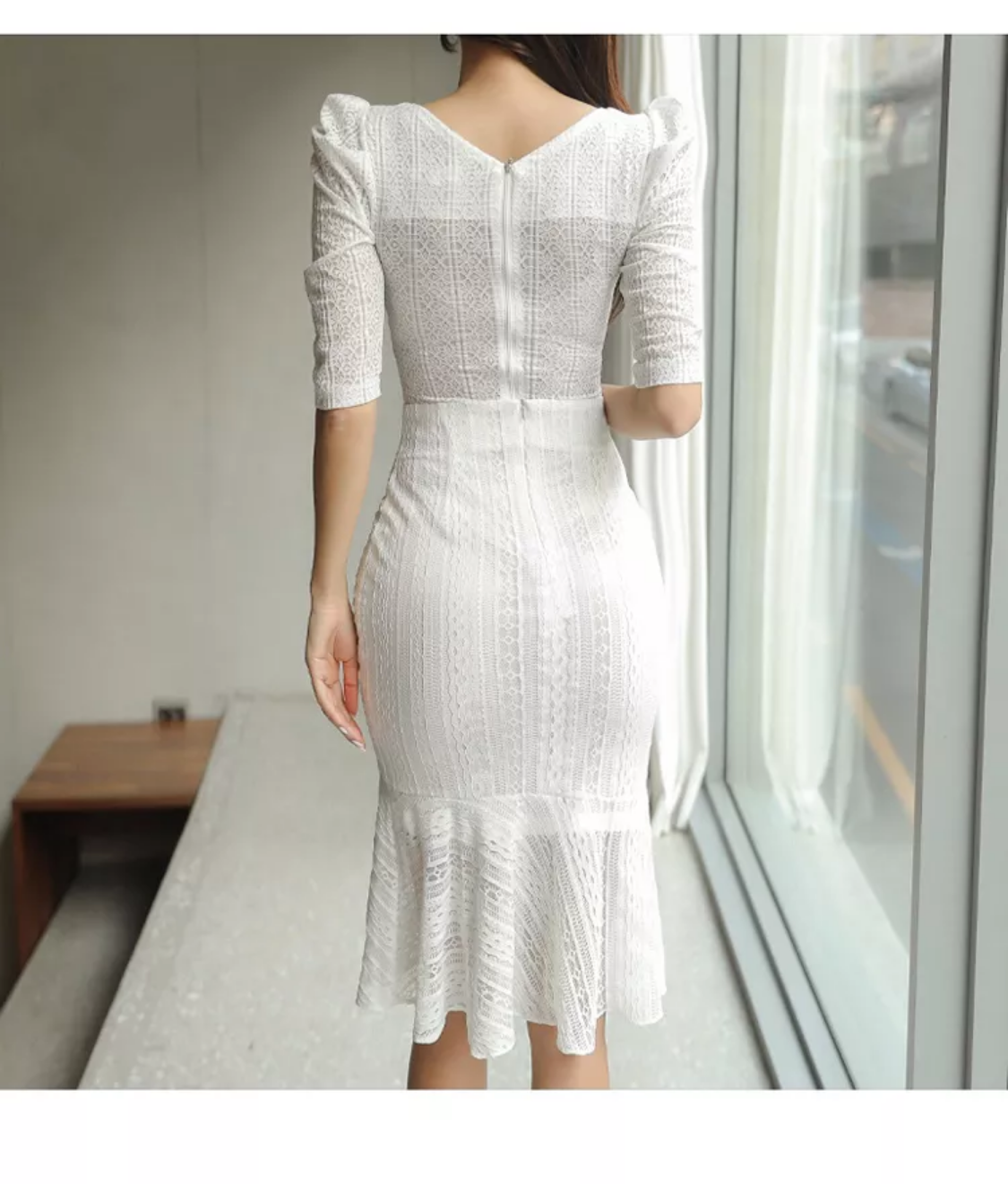 Summer New 2-piece Square Collar Double-breasted Top +Fashion Cutout Lace Fishtail Skirt C