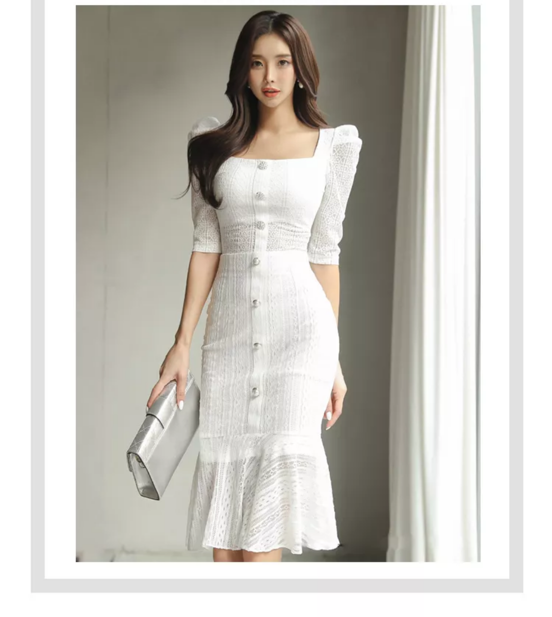 Summer New 2-piece Square Collar Double-breasted Top +Fashion Cutout Lace Fishtail Skirt C