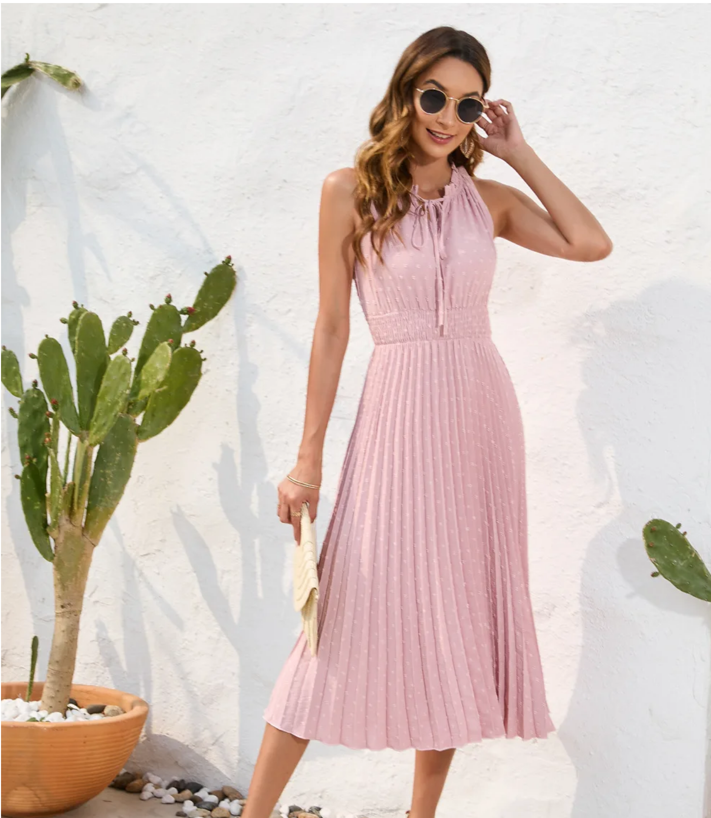 Elegant  Women Summer Casual Slim Sleeveless Pleated A-line Midi Dress