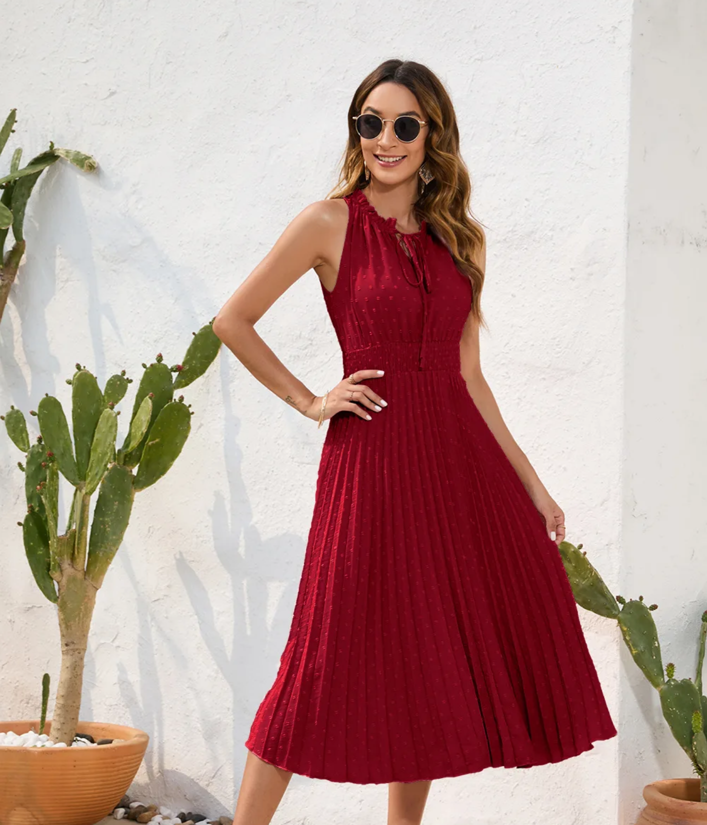 Elegant  Women Summer Casual Slim Sleeveless Pleated A-line Midi Dress