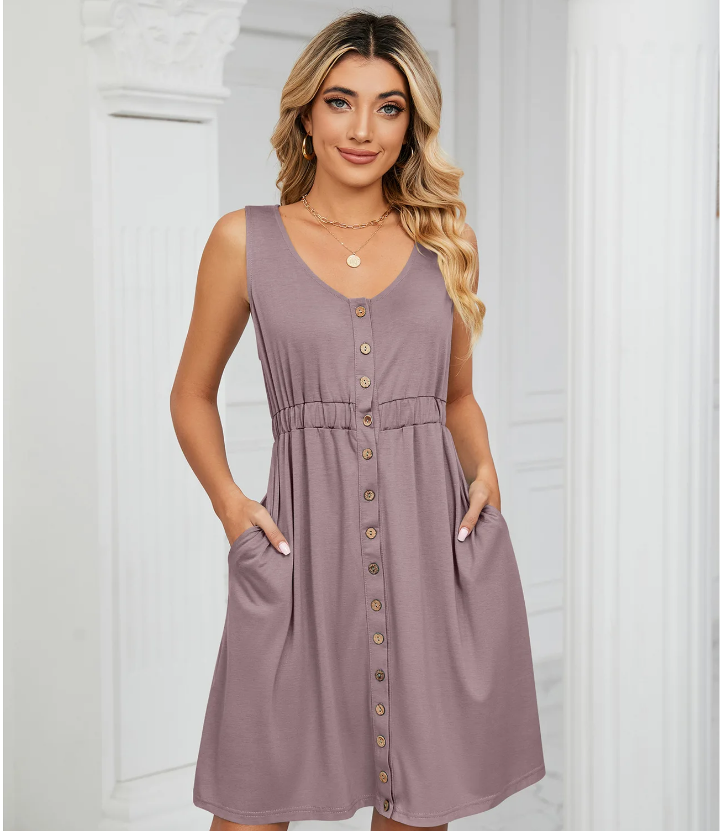 Vintage Elegant 2023 Summer Casual A-Line  O-Neck Solid Sleeveless Pullover Loose Pocket Dress