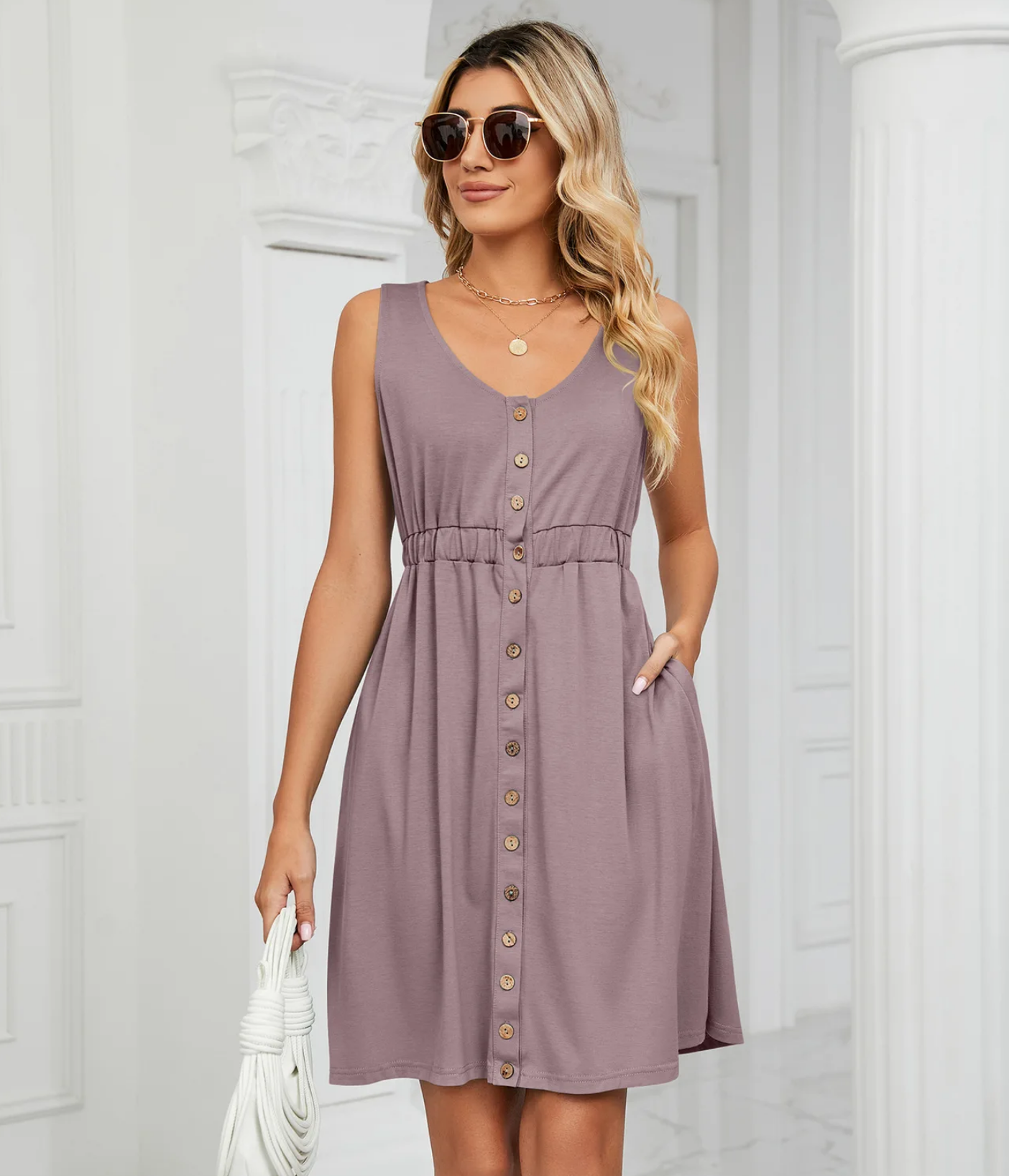 Vintage Elegant 2023 Summer Casual A-Line  O-Neck Solid Sleeveless Pullover Loose Pocket Dress