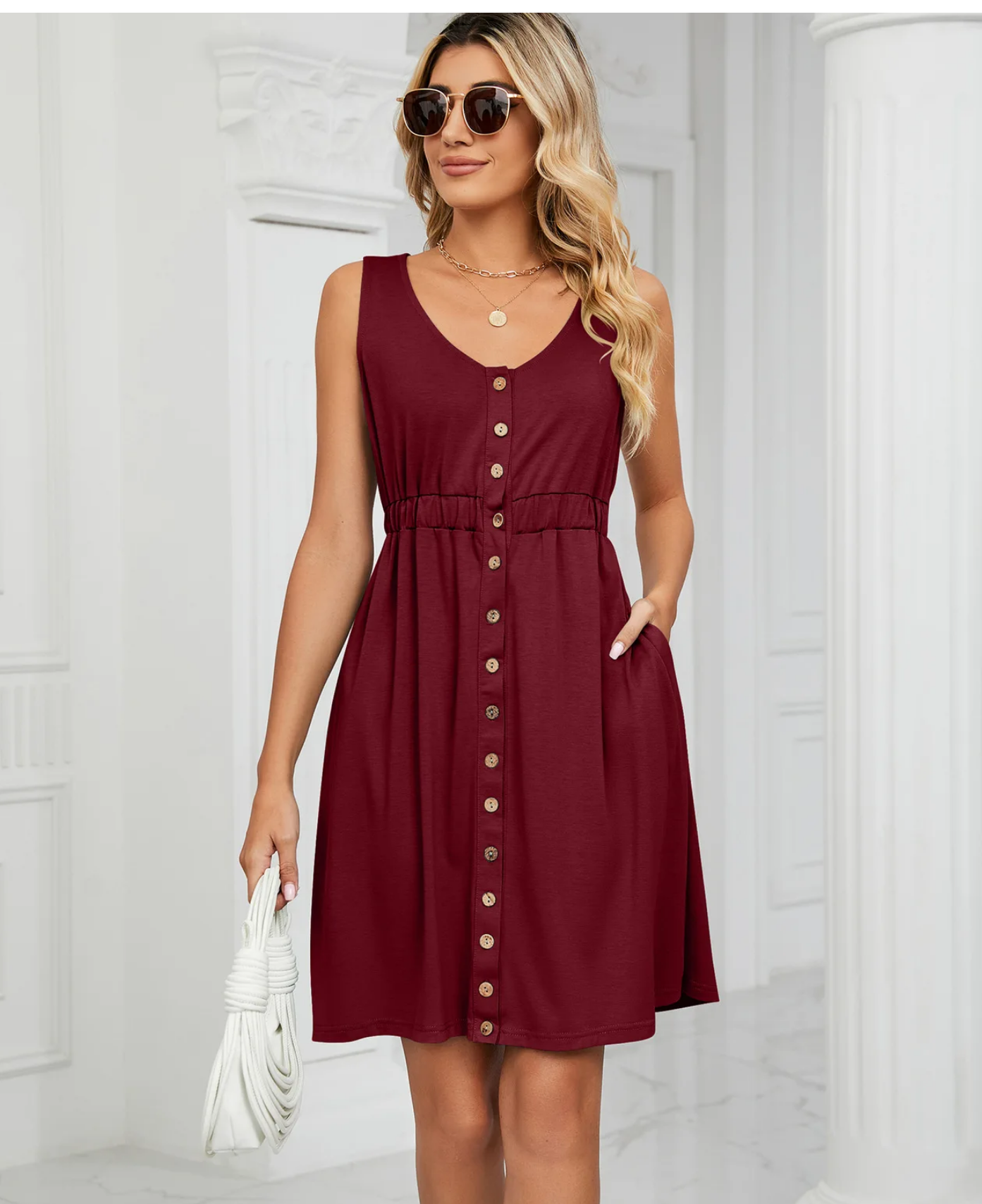 Vintage Elegant 2023 Summer Casual A-Line  O-Neck Solid Sleeveless Pullover Loose Pocket Dress