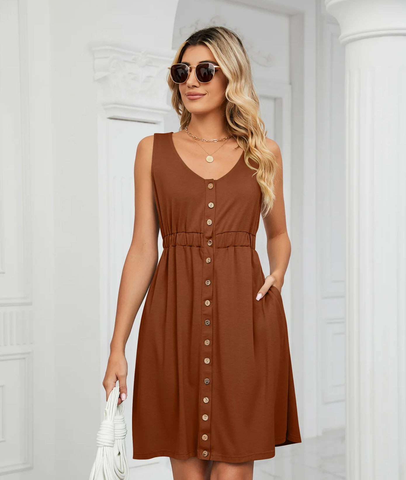 Vintage Elegant 2023 Summer Casual A-Line  O-Neck Solid Sleeveless Pullover Loose Pocket Dress