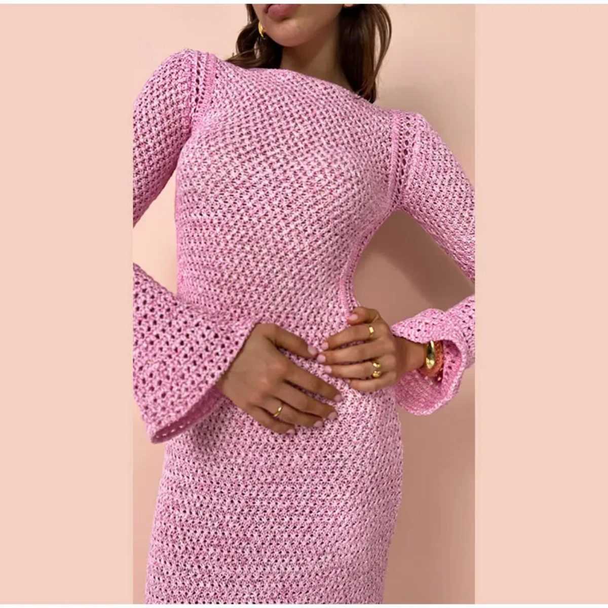 Elegant Long Sleeve Round Neck Maxi Crochet Knitted Dresses 2