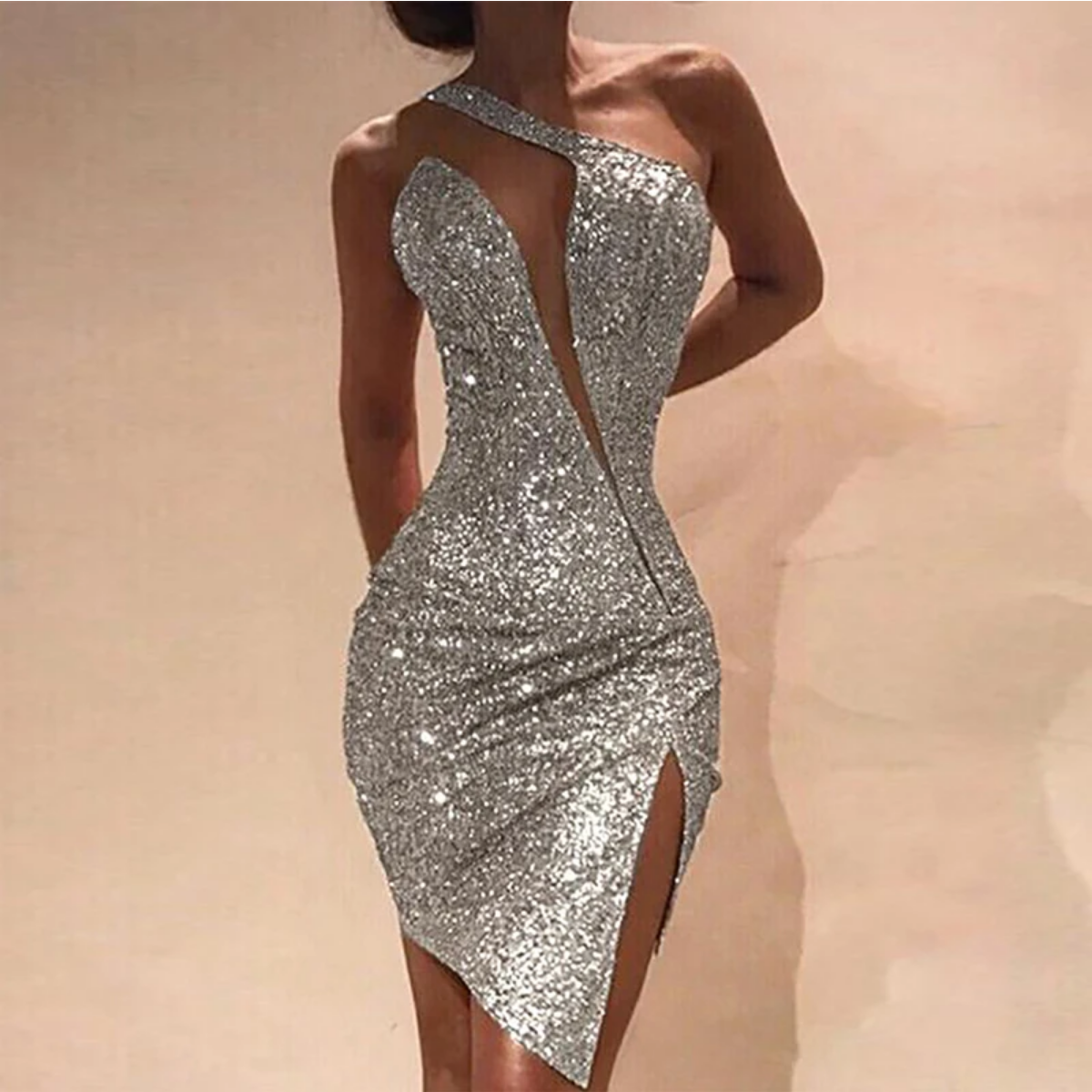 Elegant One Shoulder Sleeveless Sequin Mini Dress