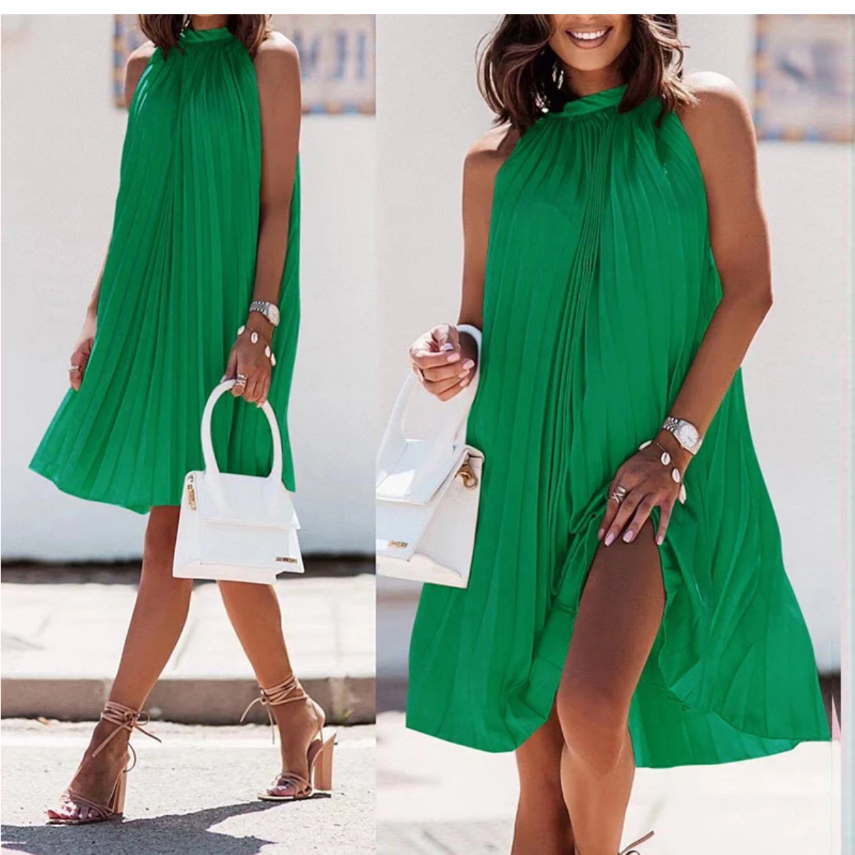 Solid Pleated A Line Dress