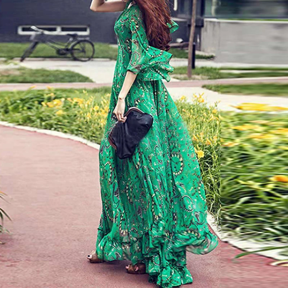 Vintage Print Pleated V-neck High Waist Bohemian Dress