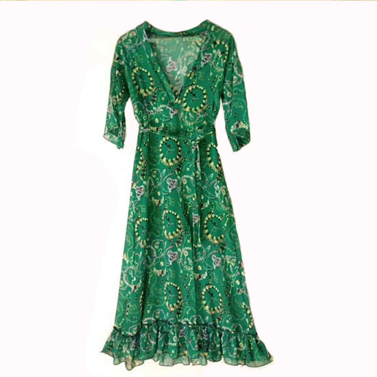 Vintage Print Pleated V-neck High Waist Bohemian Dress