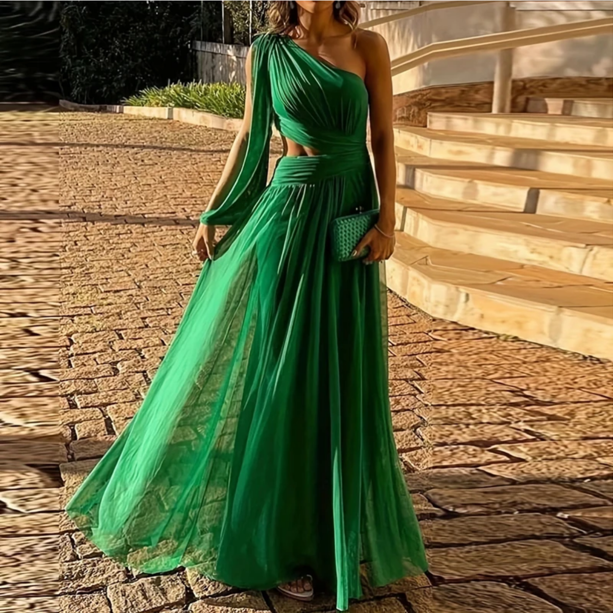 Dress Sexy Off Shoulder  Hollow Out Elegant Solid Green Pleated Split Long Dress