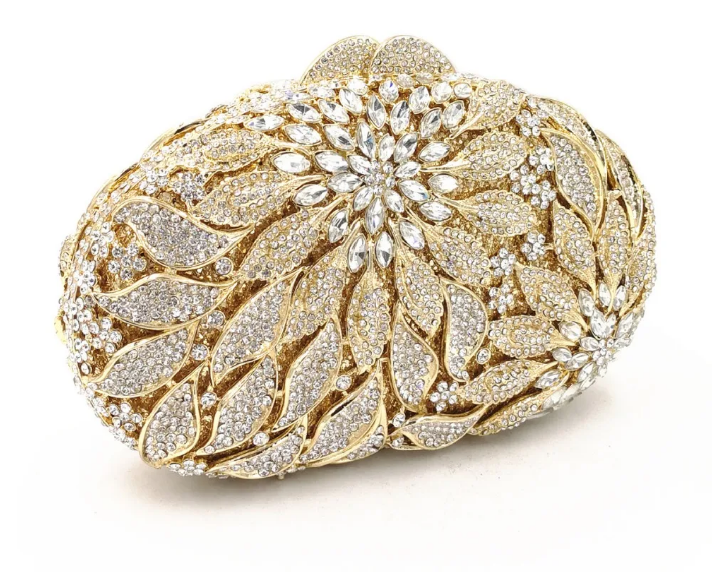 Gold Metal Leaves White Crystals Evening Clutch Bags