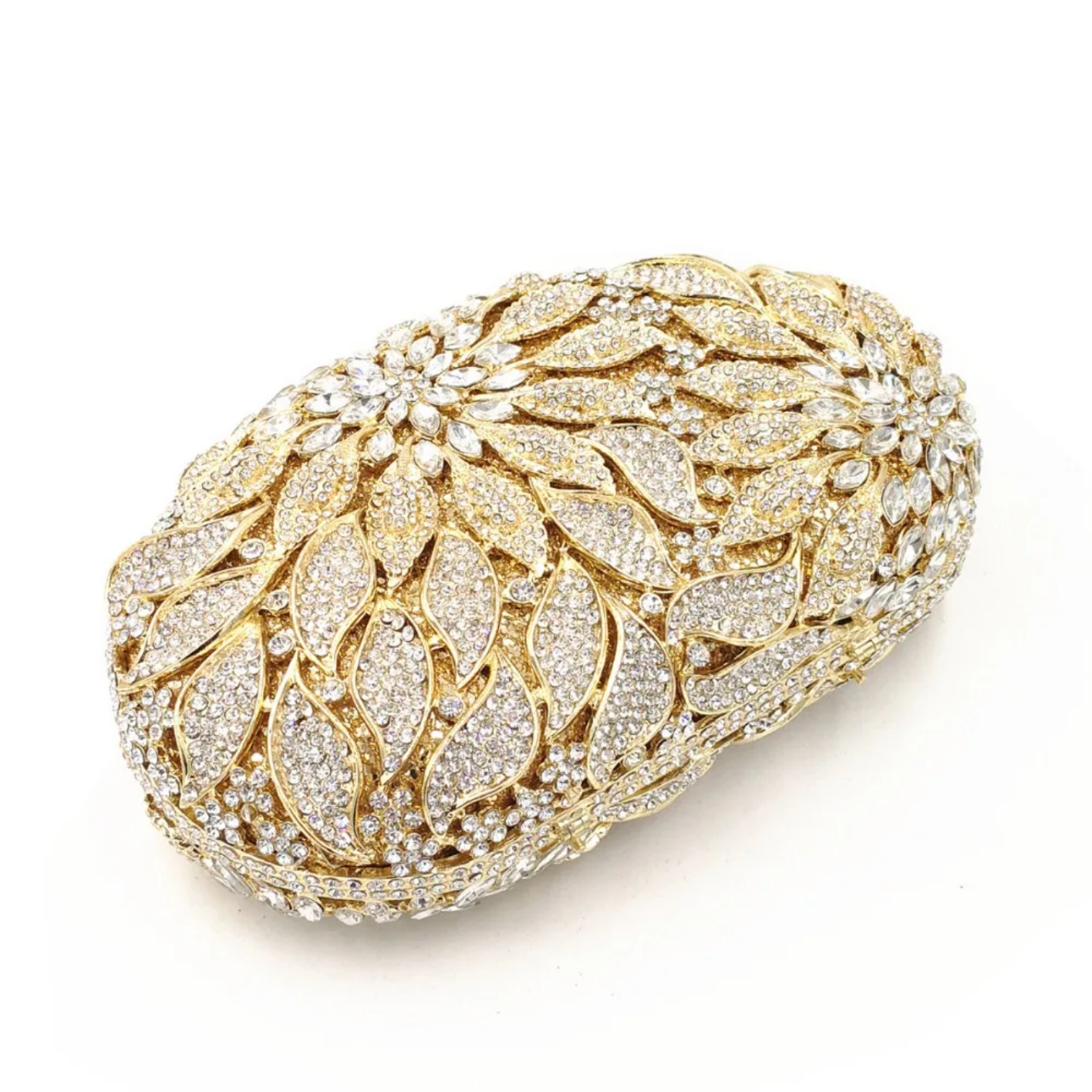 Gold Metal Leaves White Crystals Evening Clutch Bags