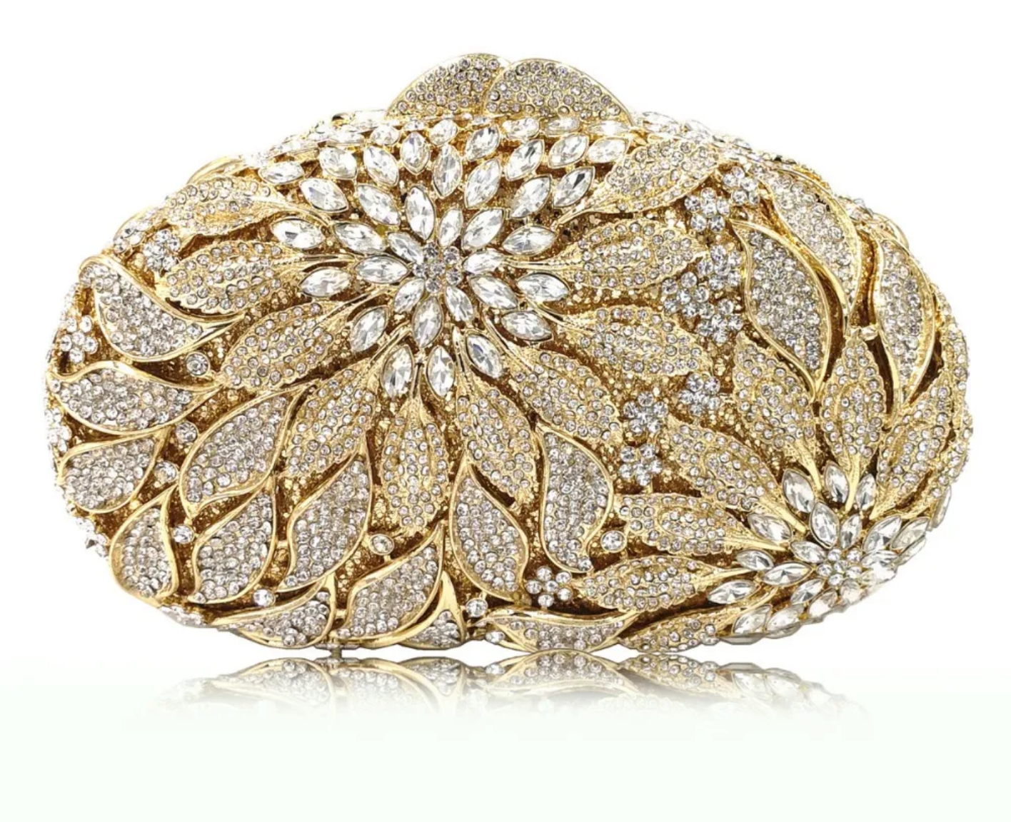 Gold Metal Leaves White Crystals Evening Clutch Bags