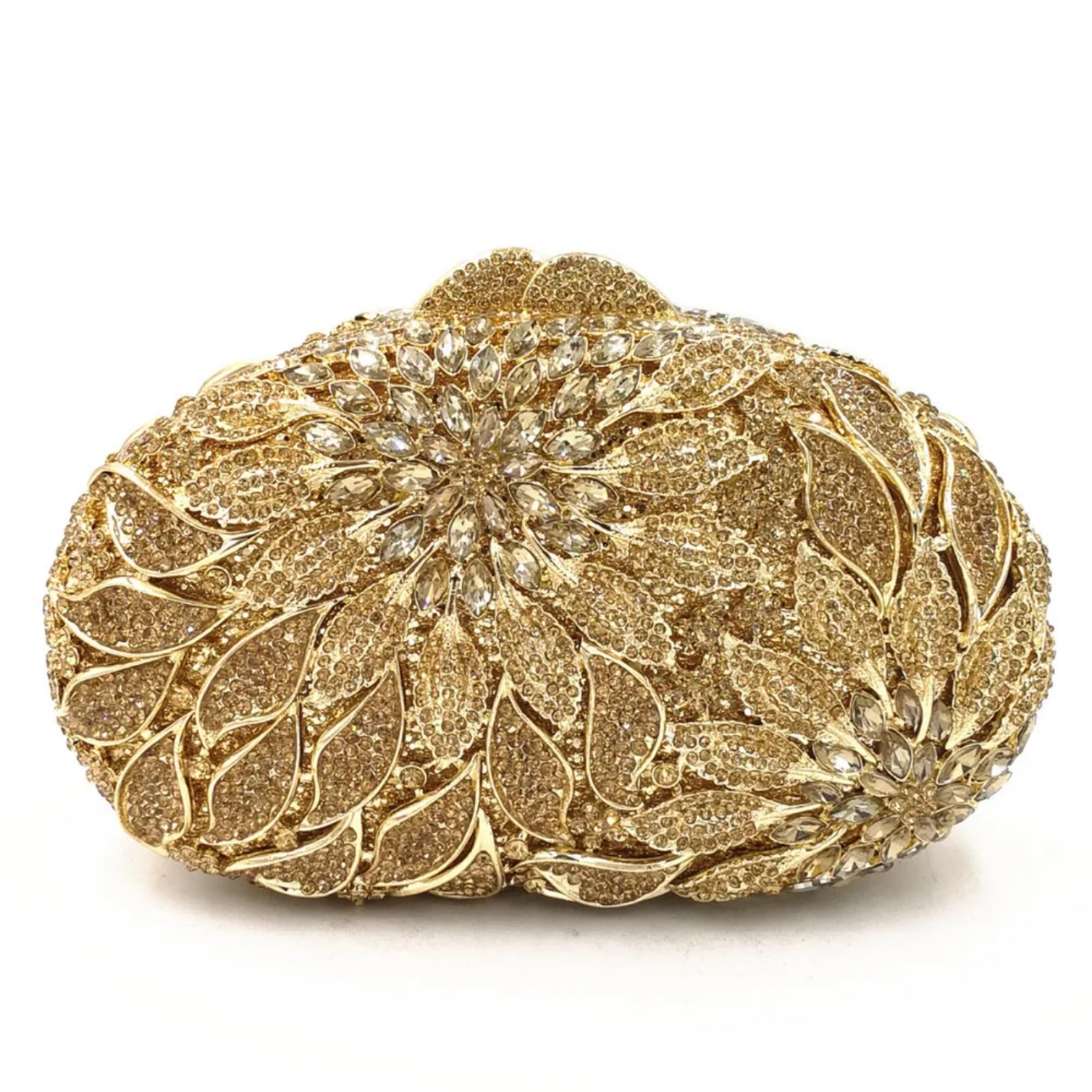 Gold Metal Leaves White Crystals Evening Clutch Bags