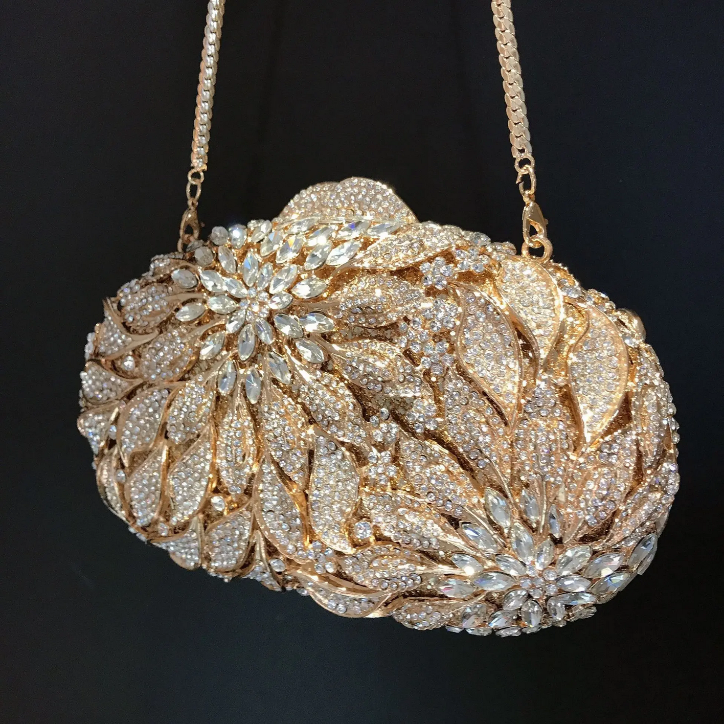 Gold Metal Leaves White Crystals Evening Clutch Bags