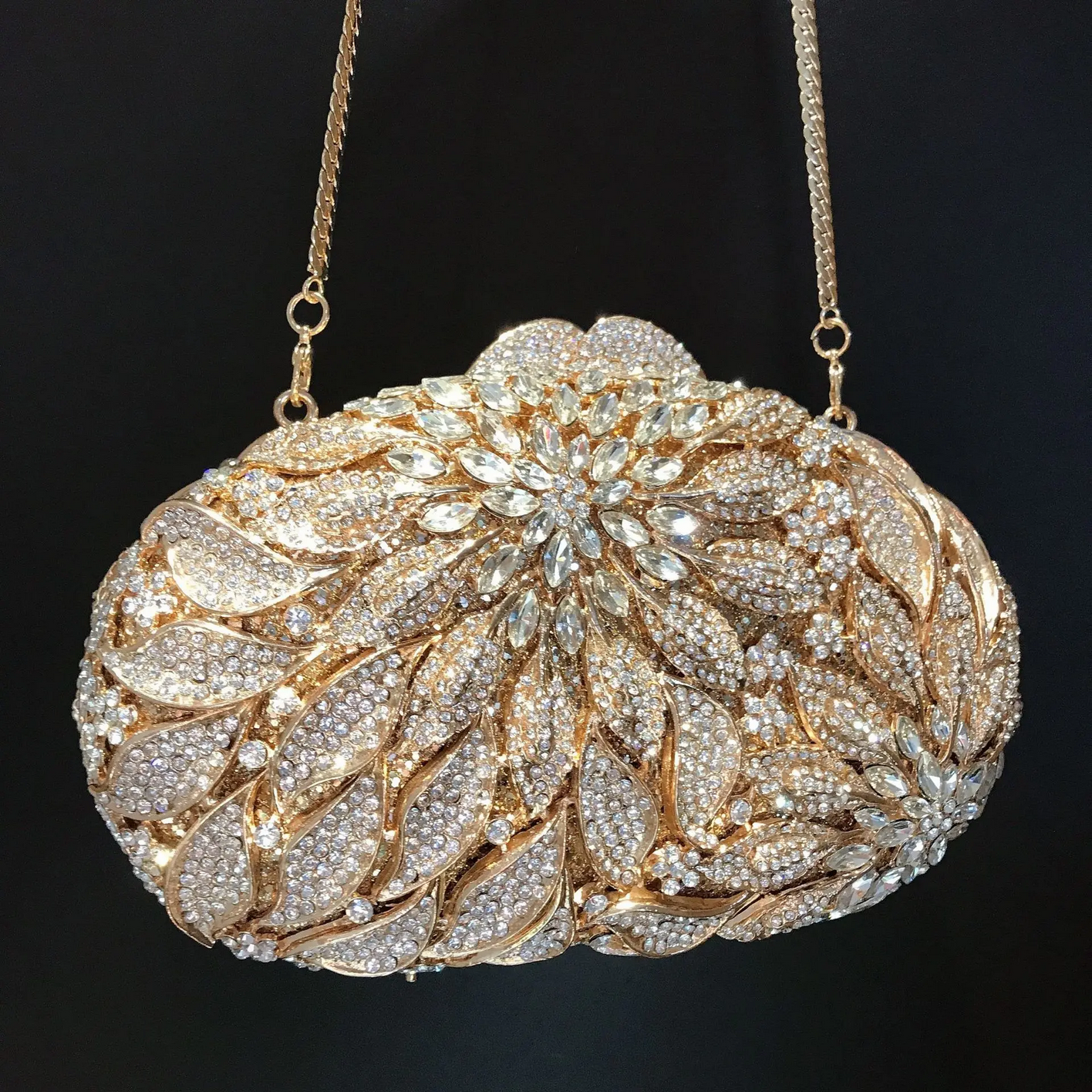 Gold Metal Leaves White Crystals Evening Clutch Bags