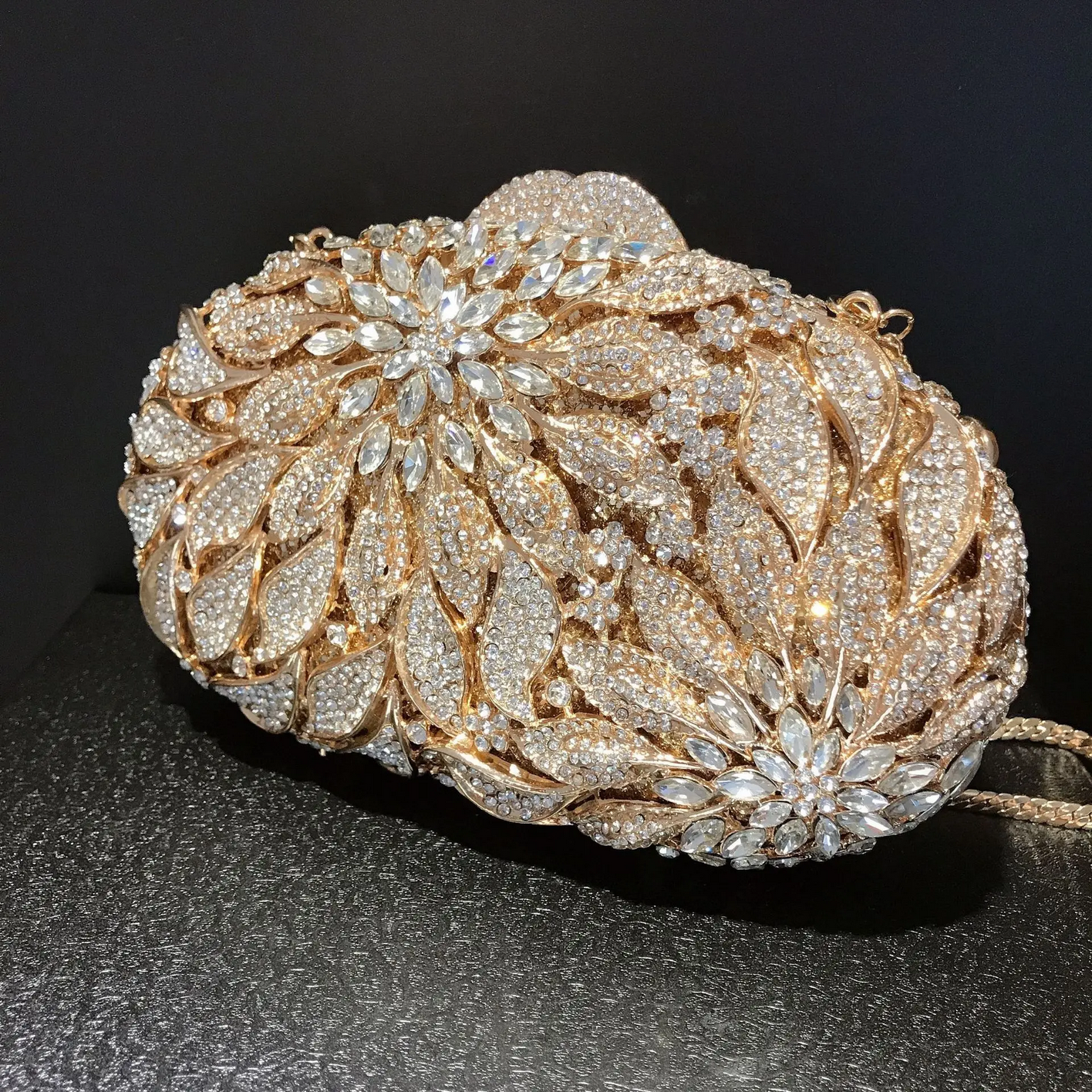 Gold Metal Leaves White Crystals Evening Clutch Bags