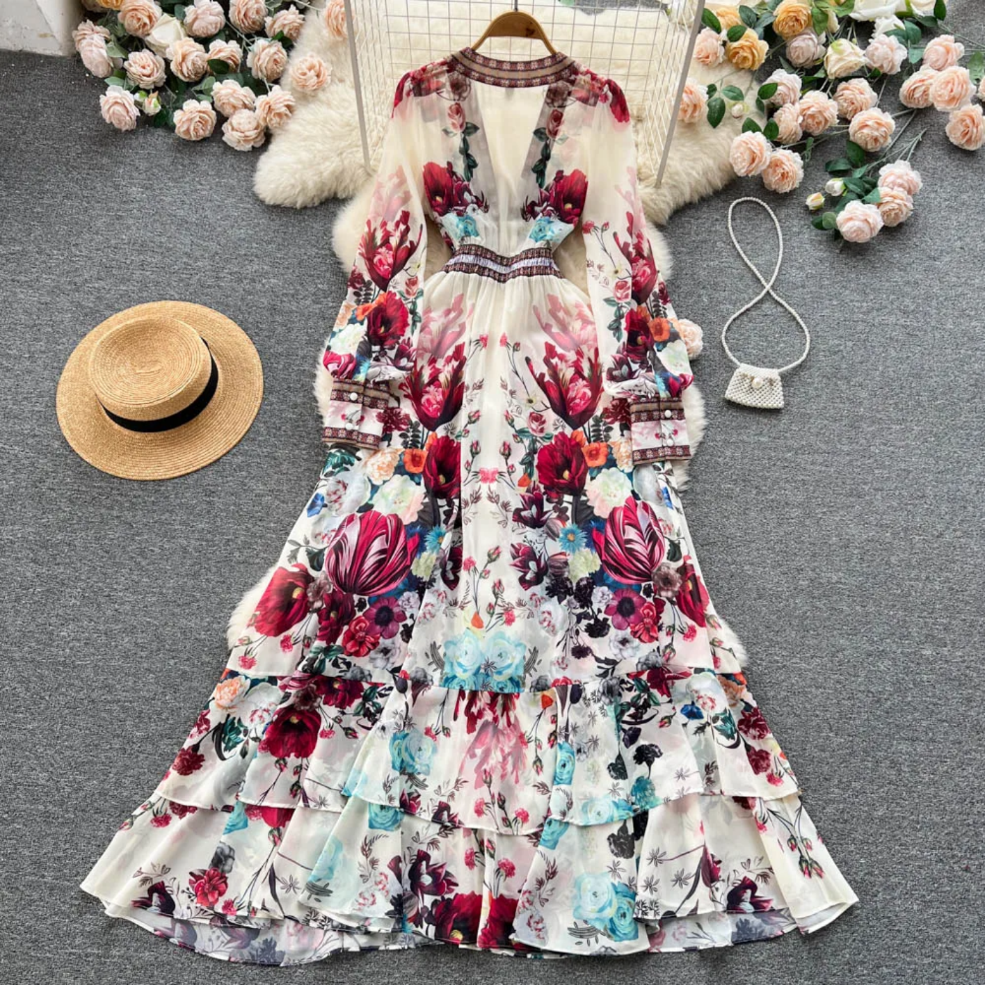 2023 Fashion Runway Deep V Neck Long Sleeve Gorgeous Flower Chiffon Cascading Ruffles Dress