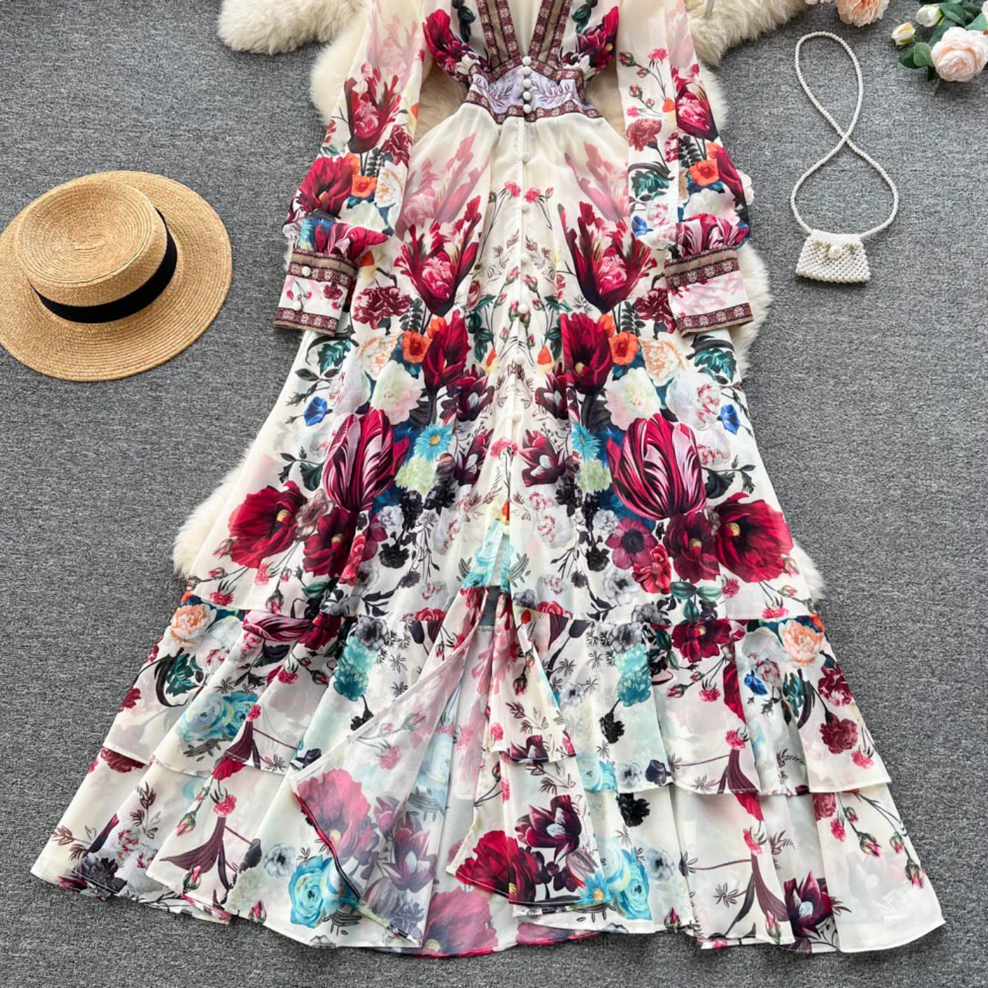 2023 Fashion Runway Deep V Neck Long Sleeve Gorgeous Flower Chiffon Cascading Ruffles Dress