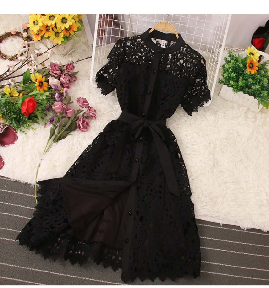 French Stylish Hollow Out Lace  Elegant Solid Open Stitch Lace-up Evening Dress