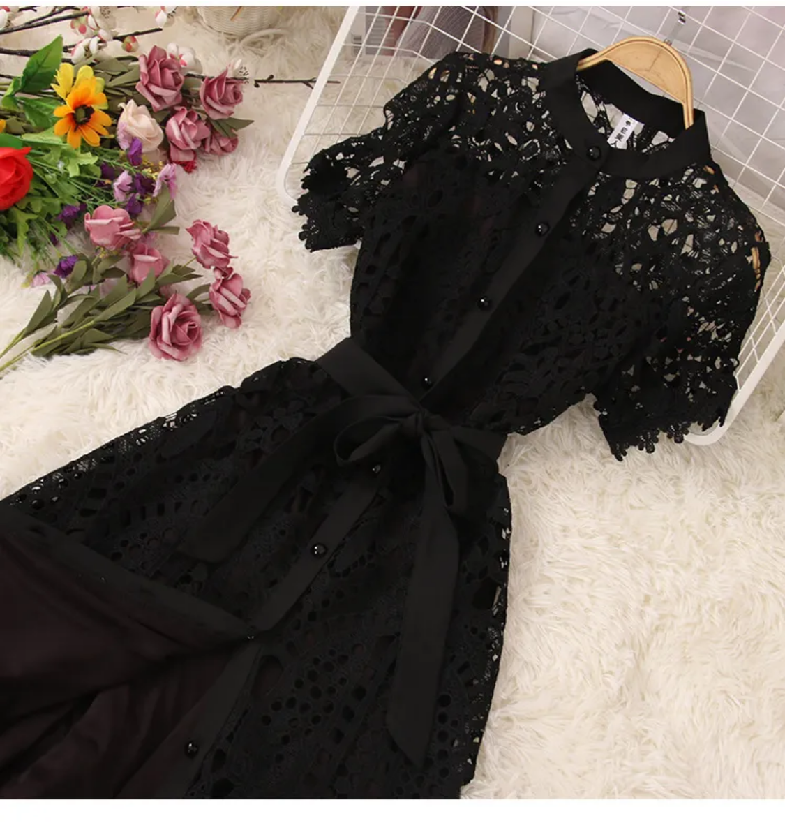 French Stylish Hollow Out Lace  Elegant Solid Open Stitch Lace-up Evening Dress