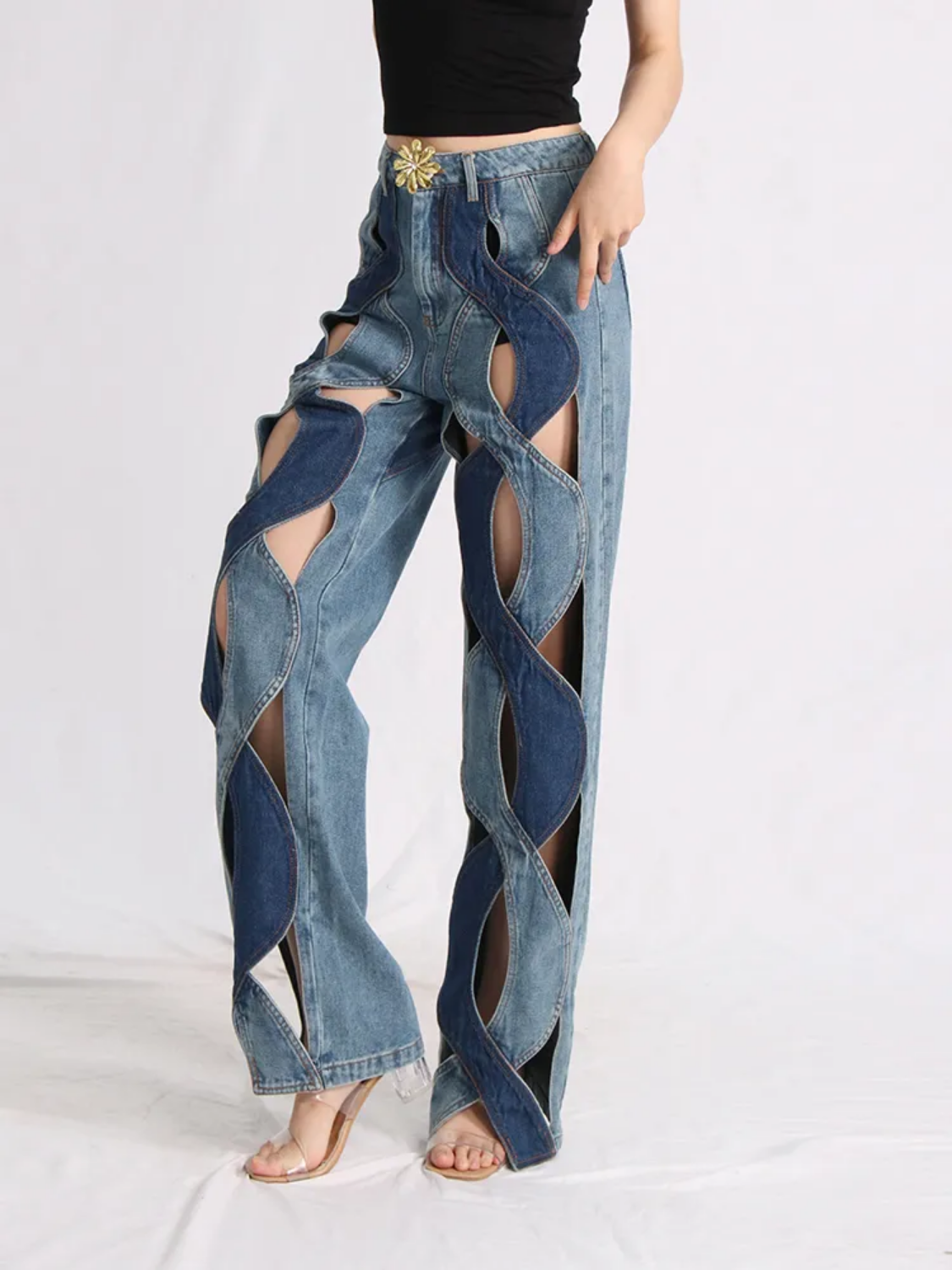 Spring  Hollow Out High Waist Patchwork Zipper Casual Wide Leg Jeans