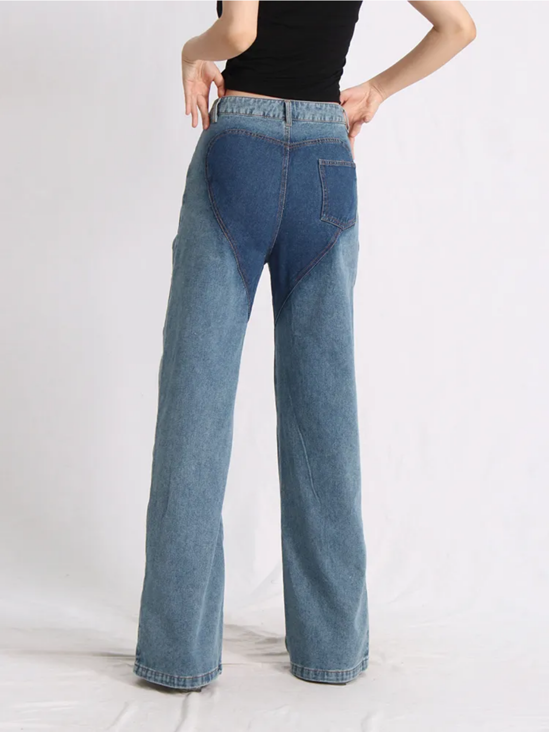 Spring  Hollow Out High Waist Patchwork Zipper Casual Wide Leg Jeans