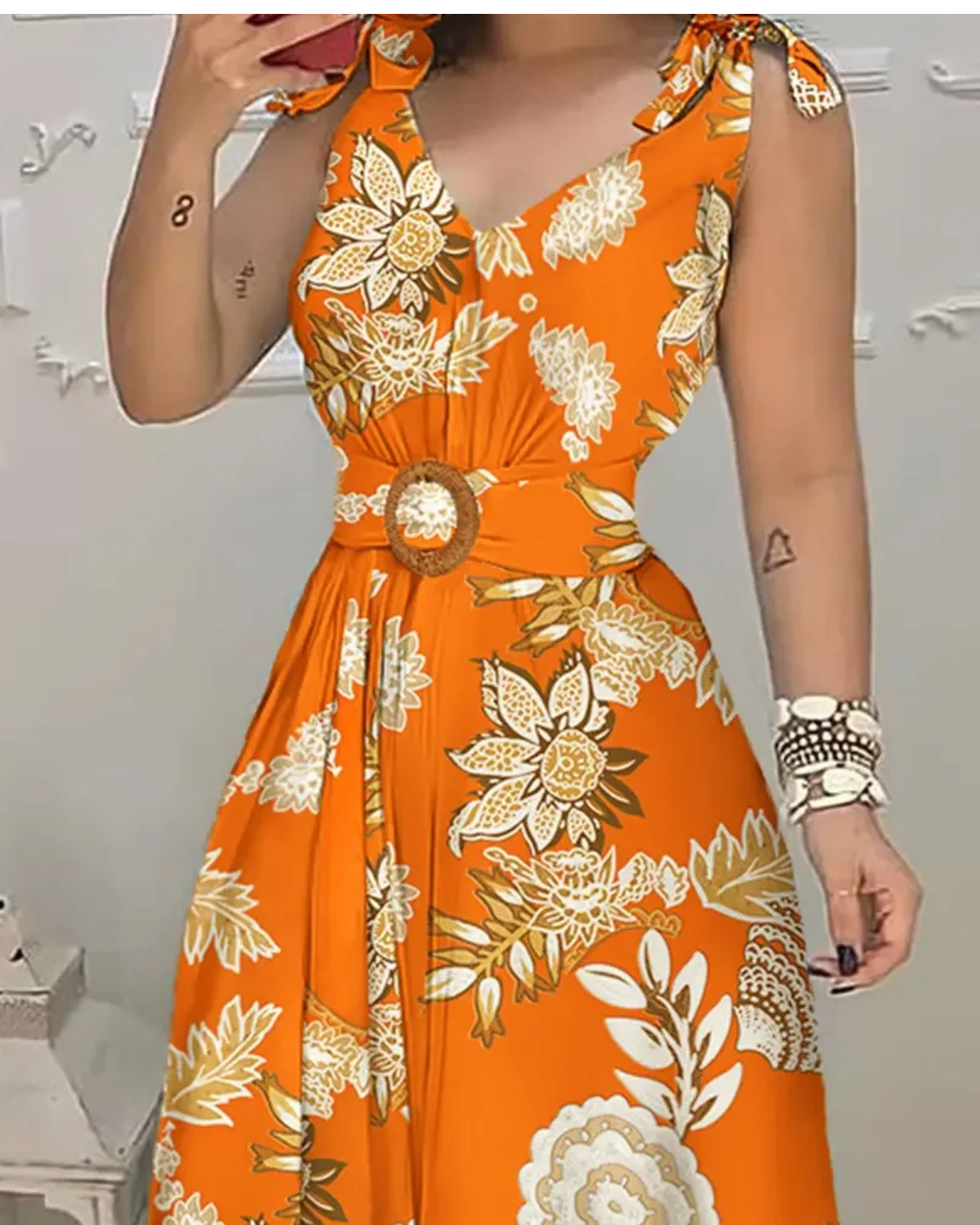Summer Casual Chic V-Neck Floral Print Tied Detail Belted Design Sleeveless Maxi Vacation Dress